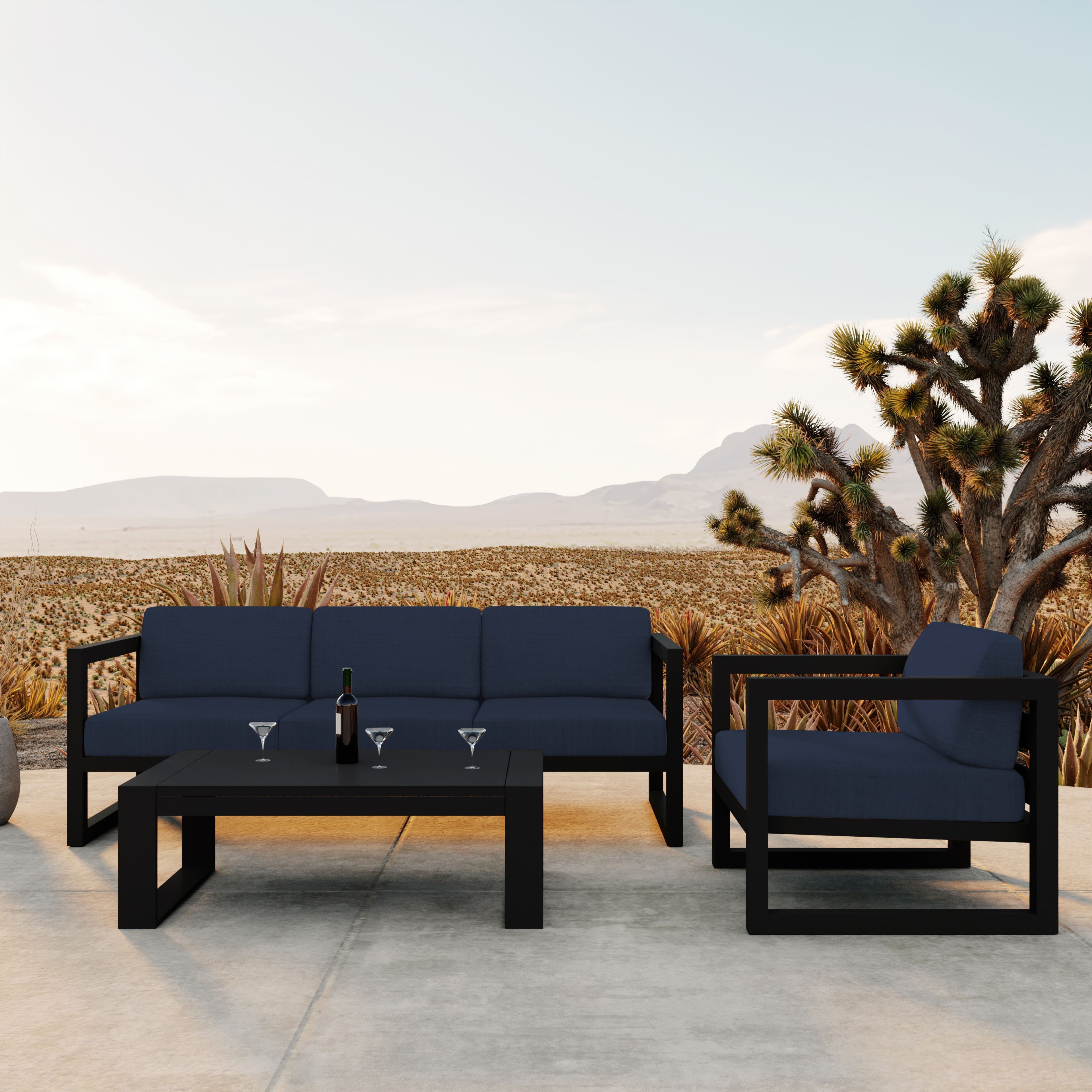 Avion 3 Piece Aluminum Sofa Set#Finish_Black#Fabric_Spectrum Indigo