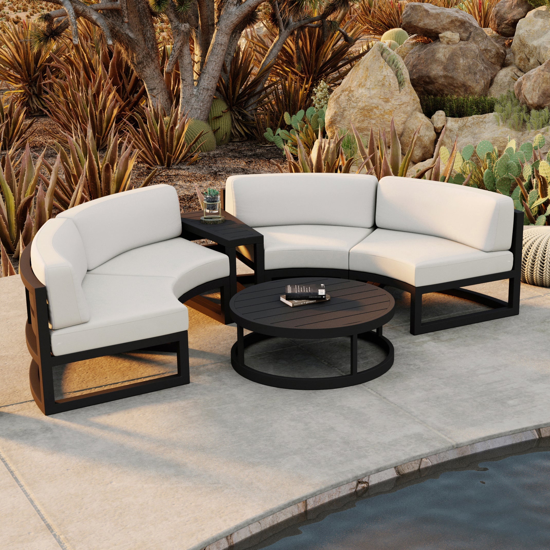 Avion 4 Piece Aluminum Curve Sectional Set#Finish_Black#Fabric_Canvas Natural
