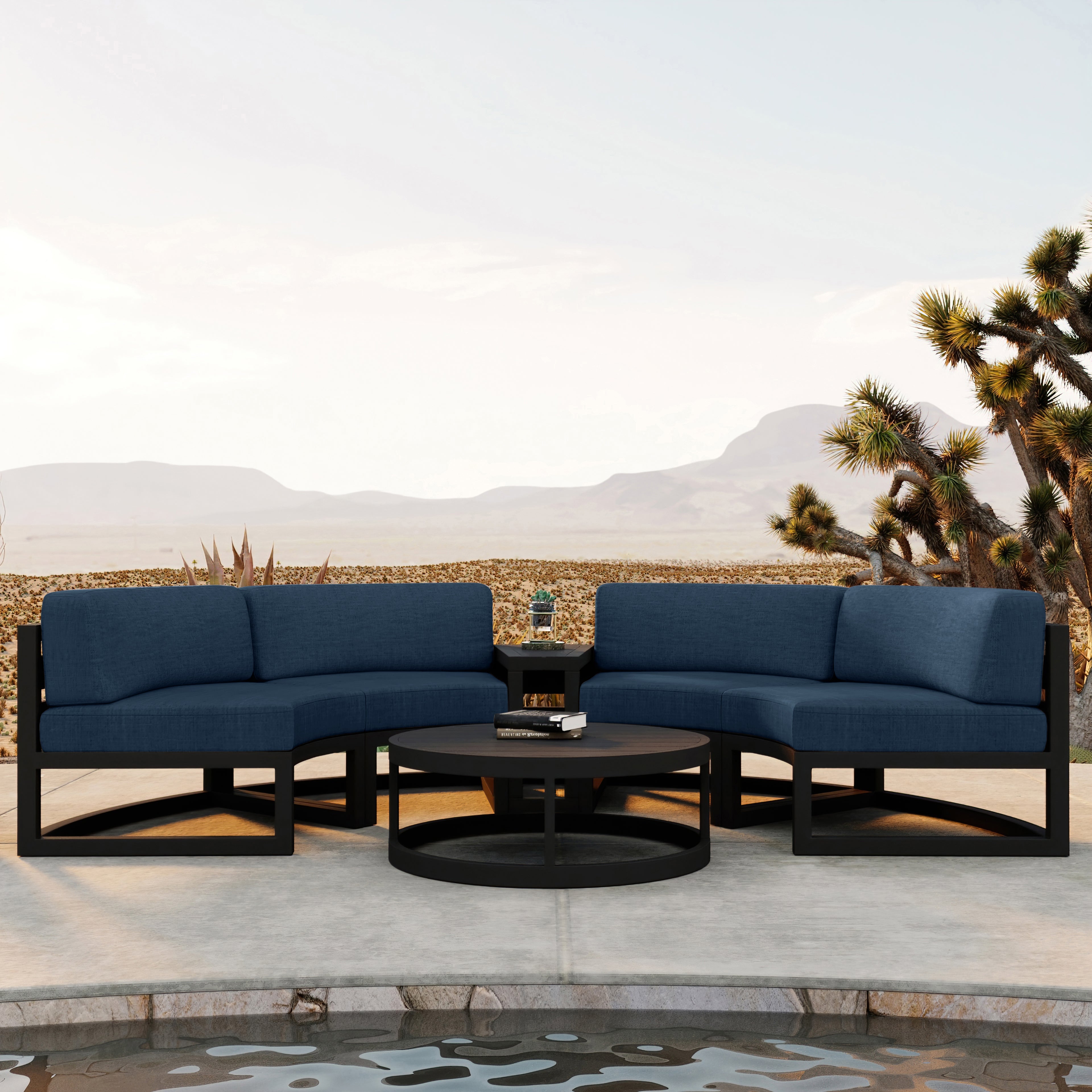 Avion 4 Piece Aluminum Curve Sectional Set#Finish_Black#Fabric_Spectrum Indigo