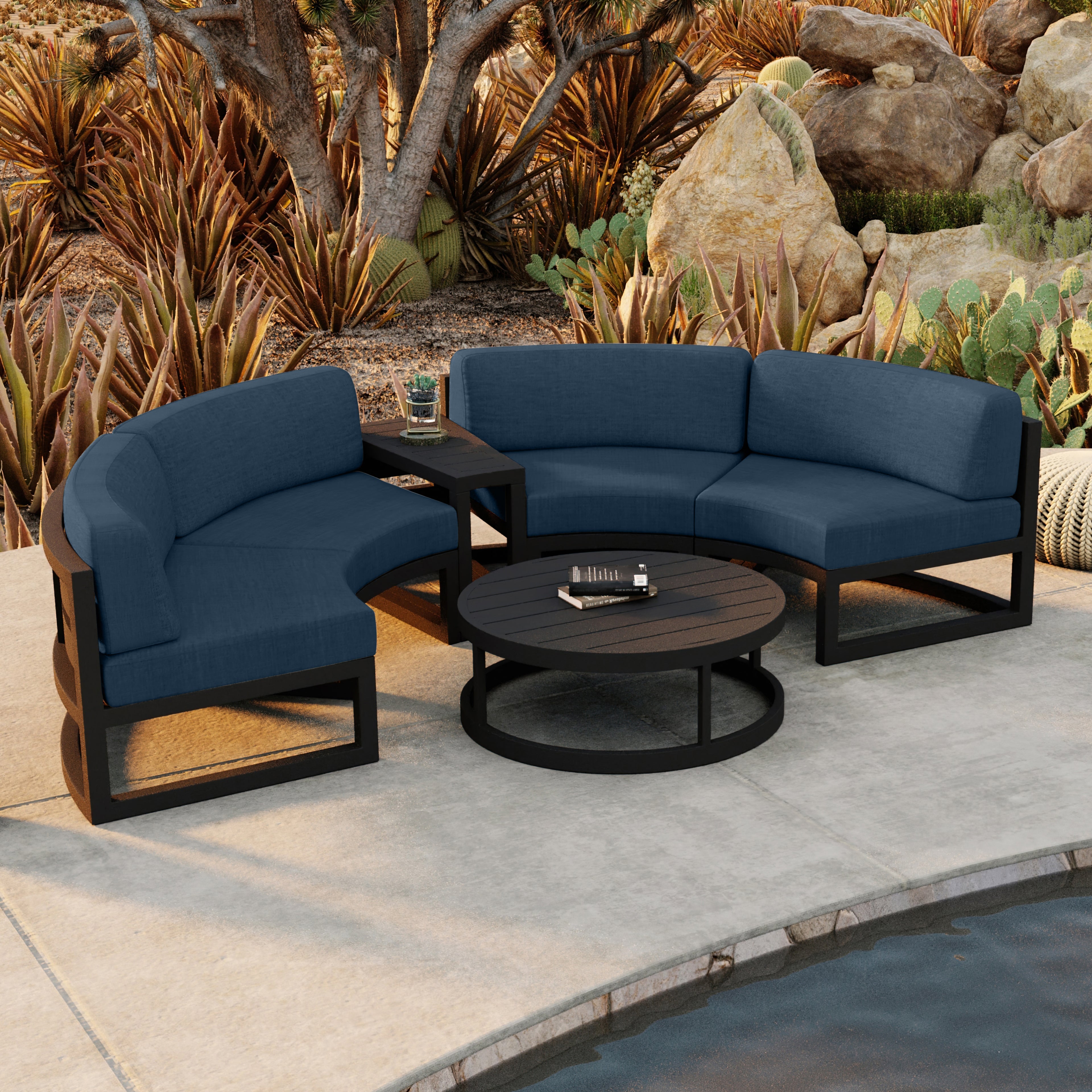 Avion 4 Piece Aluminum Curve Sectional Set#Finish_Black#Fabric_Spectrum Indigo