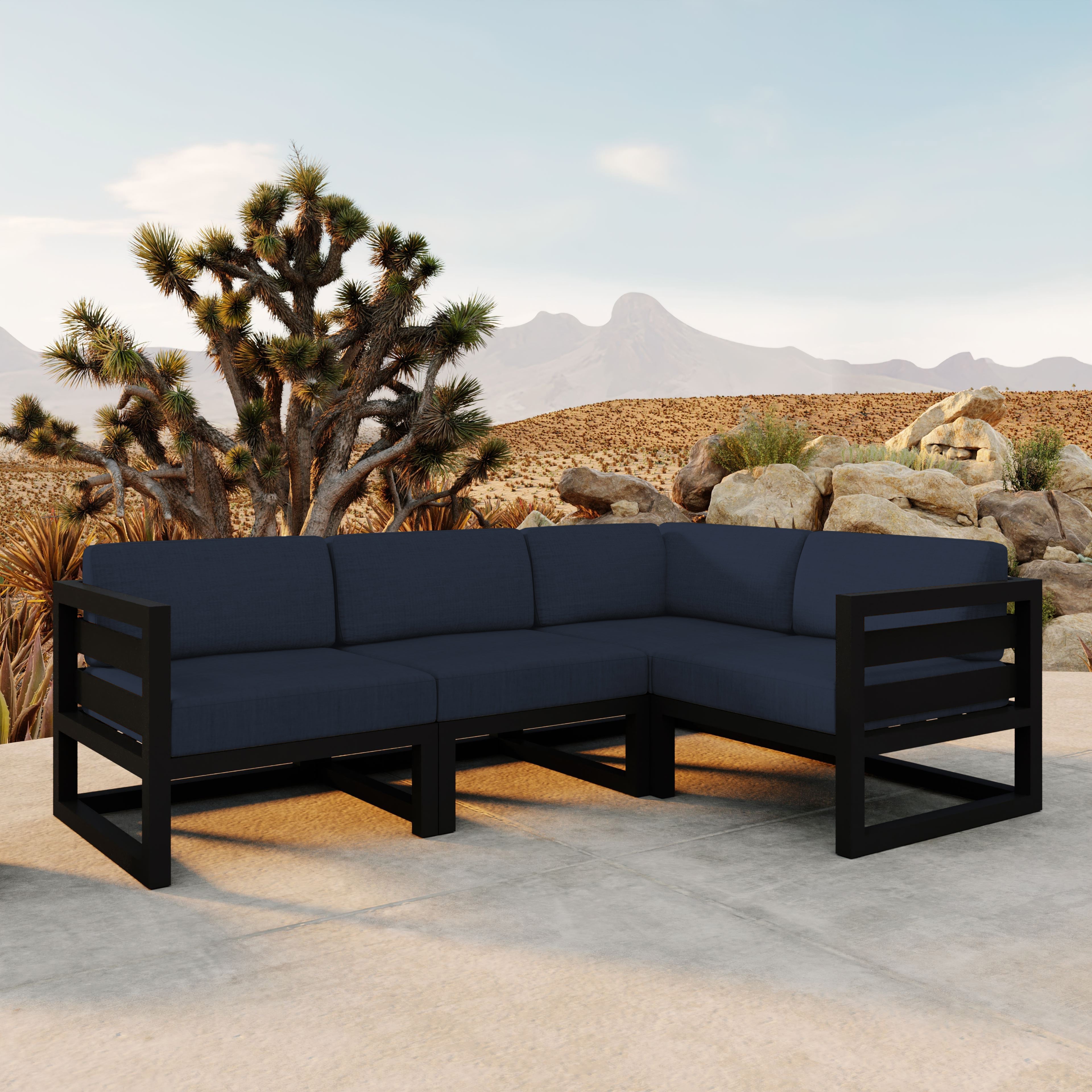 Avion 4 Piece Aluminum Sectional Set#Finish_Black#Fabric_Spectrum Indigo