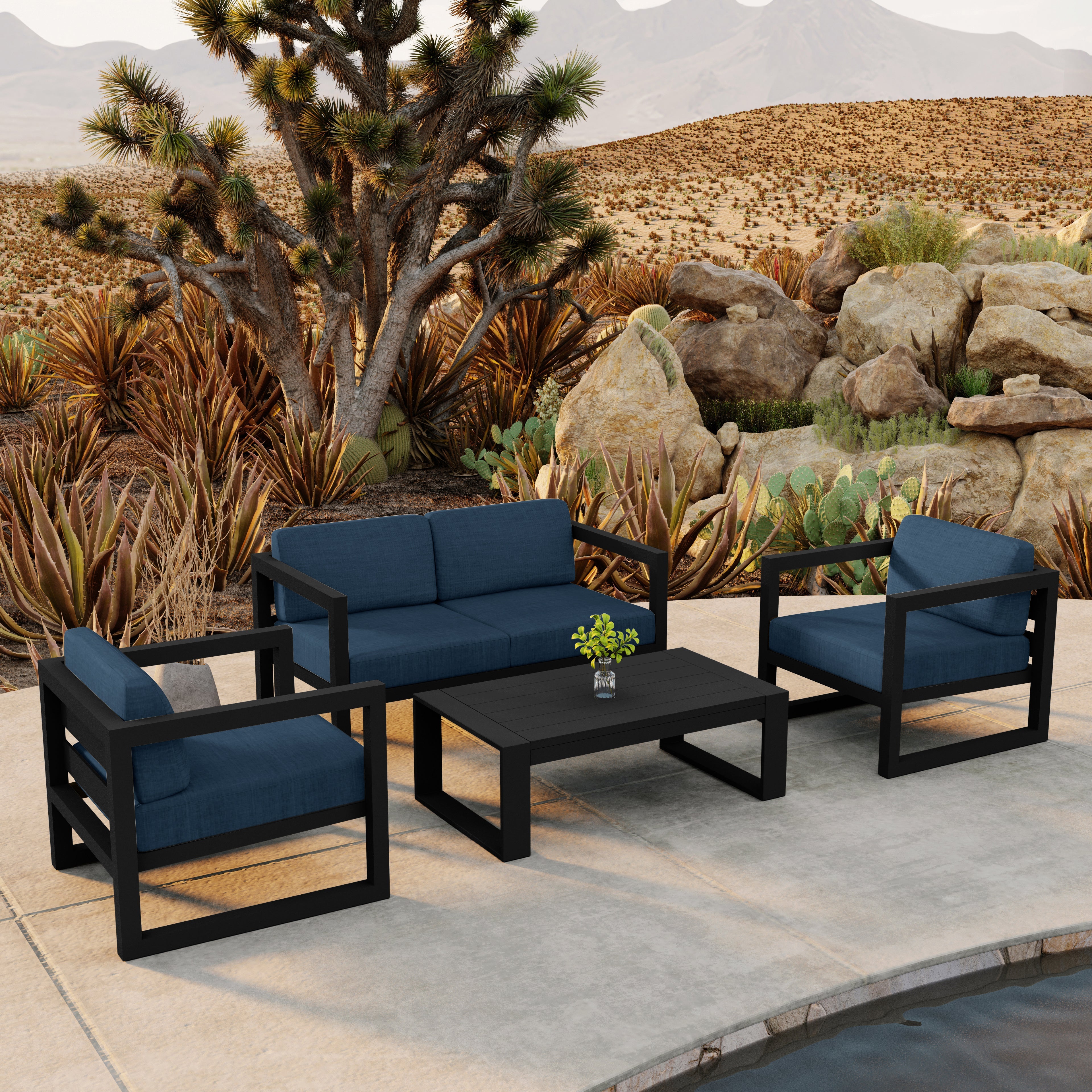 Avion 4 Piece Aluminum Loveseat Set#Finish_Black#Fabric_Spectrum Indigo
