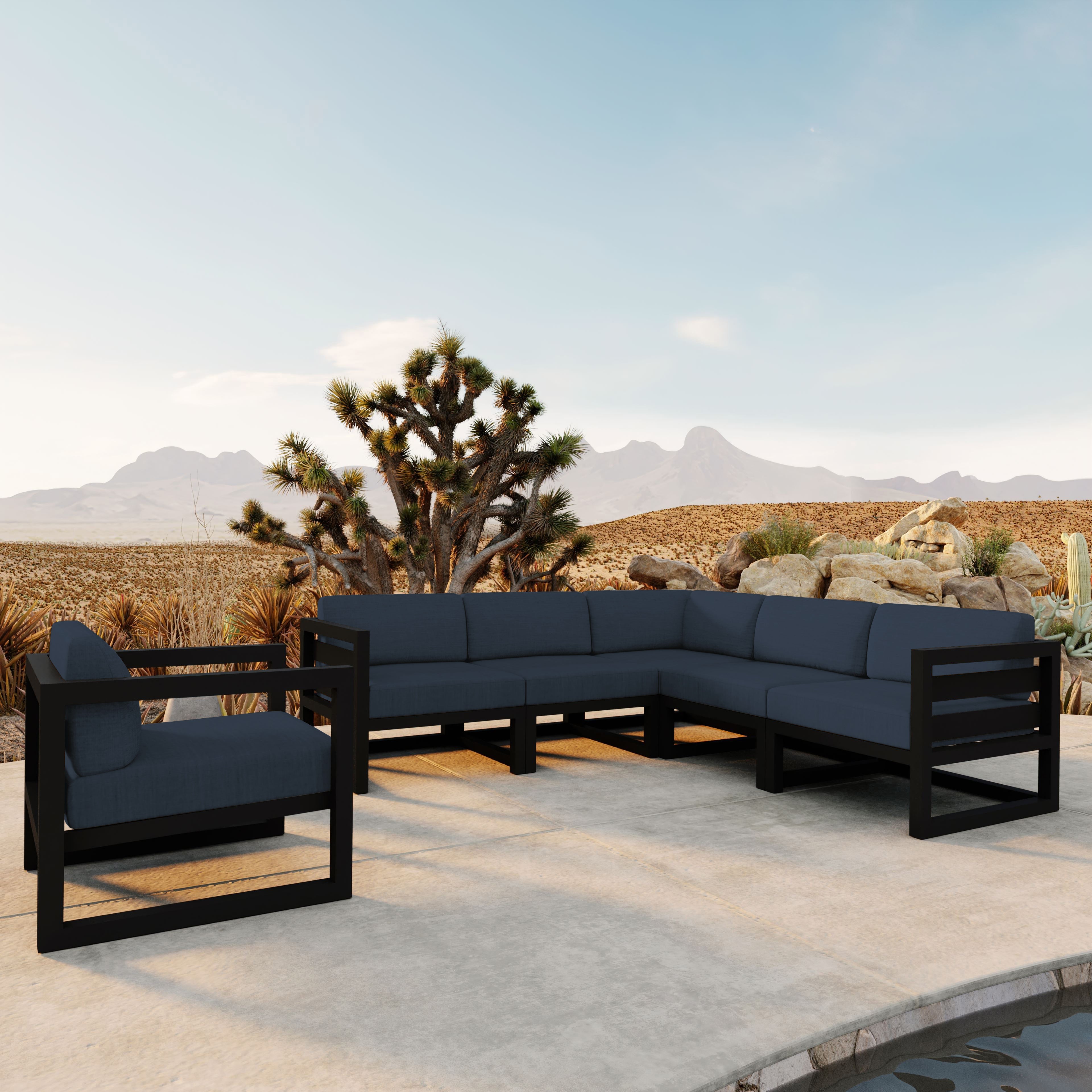 Avion 6 Piece Aluminum Sectional Set#Finish_Black#Fabric_Spectrum Indigo