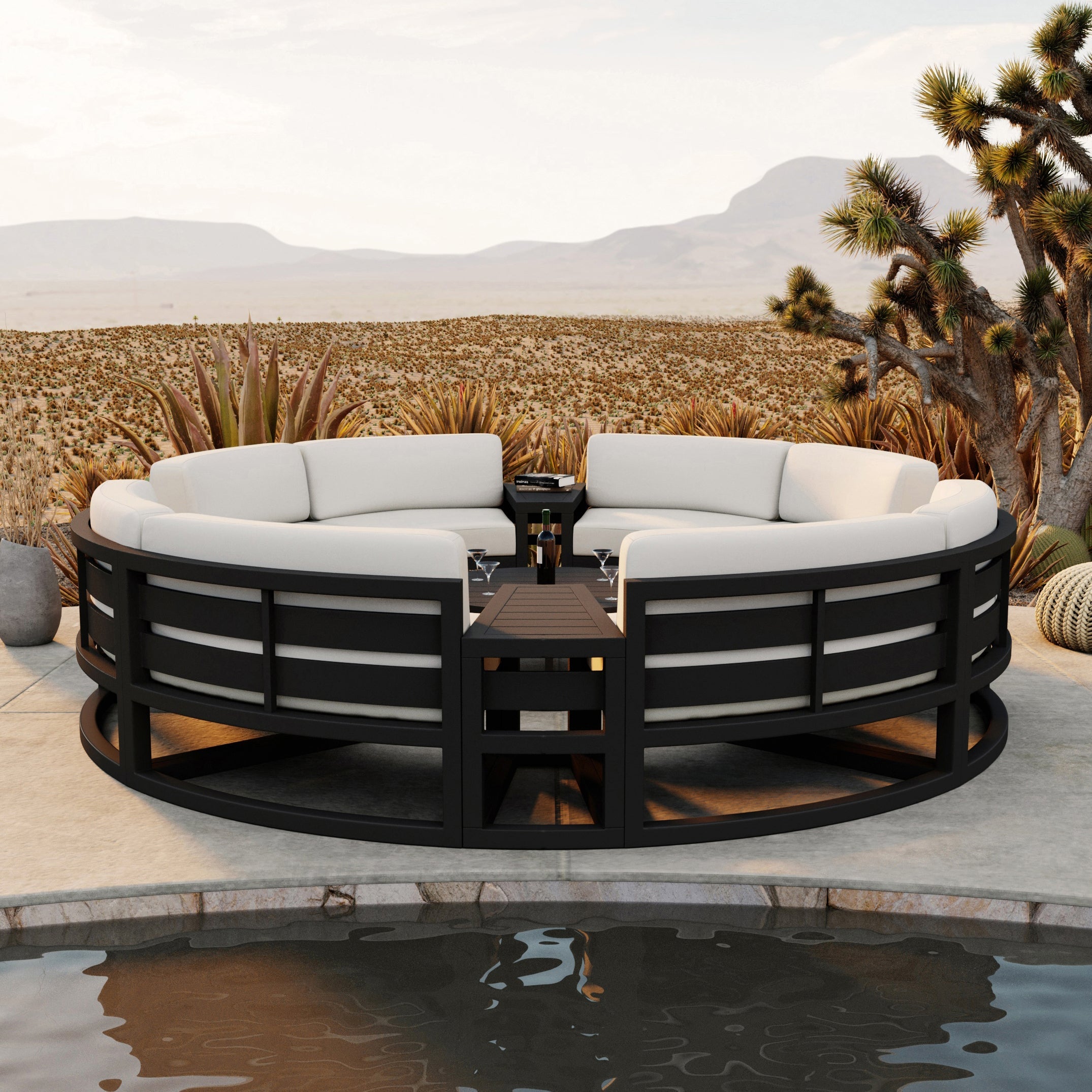 Avion 7 Piece Aluminum Curve Sectional Set#Finish_Black#Fabric_Canvas Natural