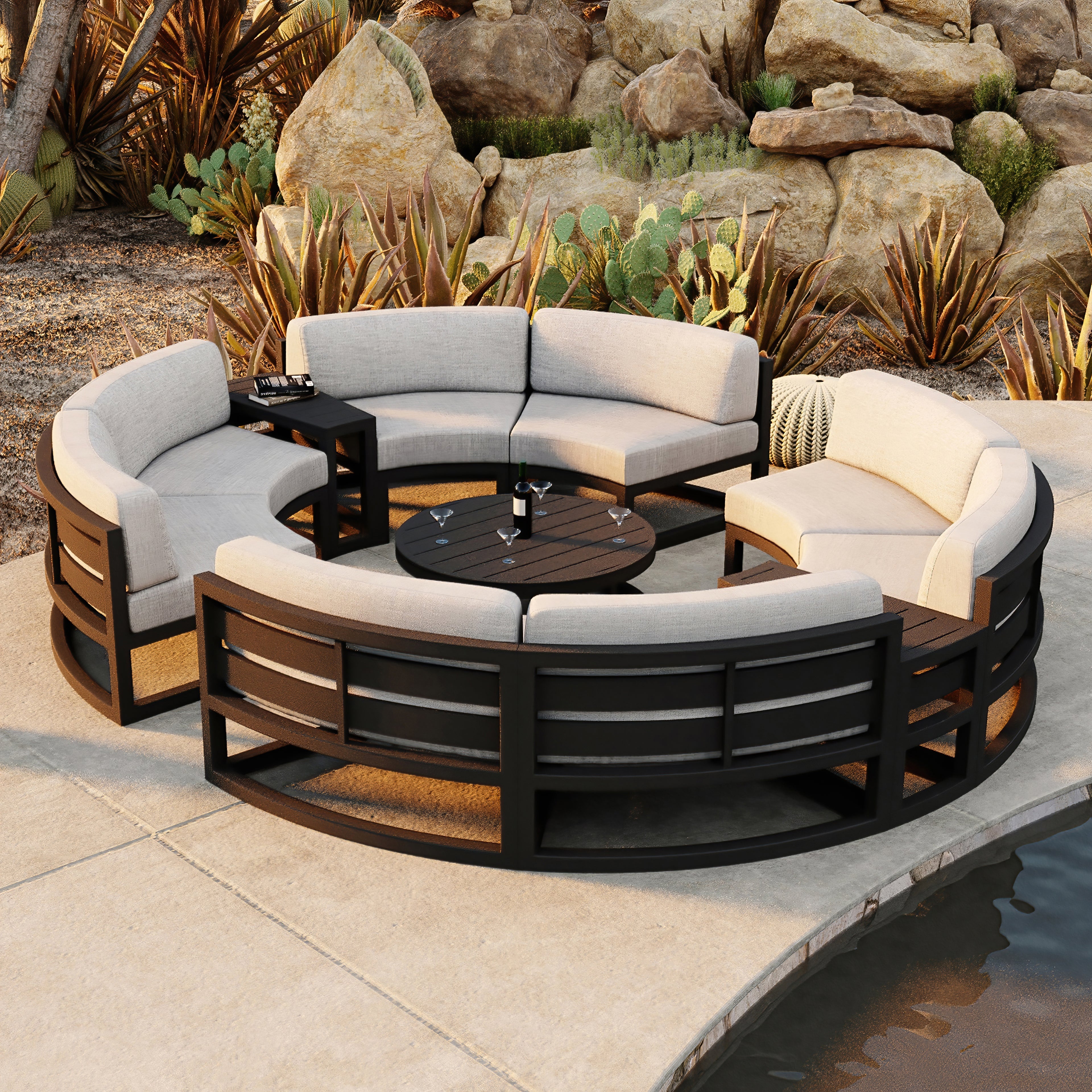 Avion 7 Piece Aluminum Curve Sectional Set#Finish_Black#Fabric_Cast Silver