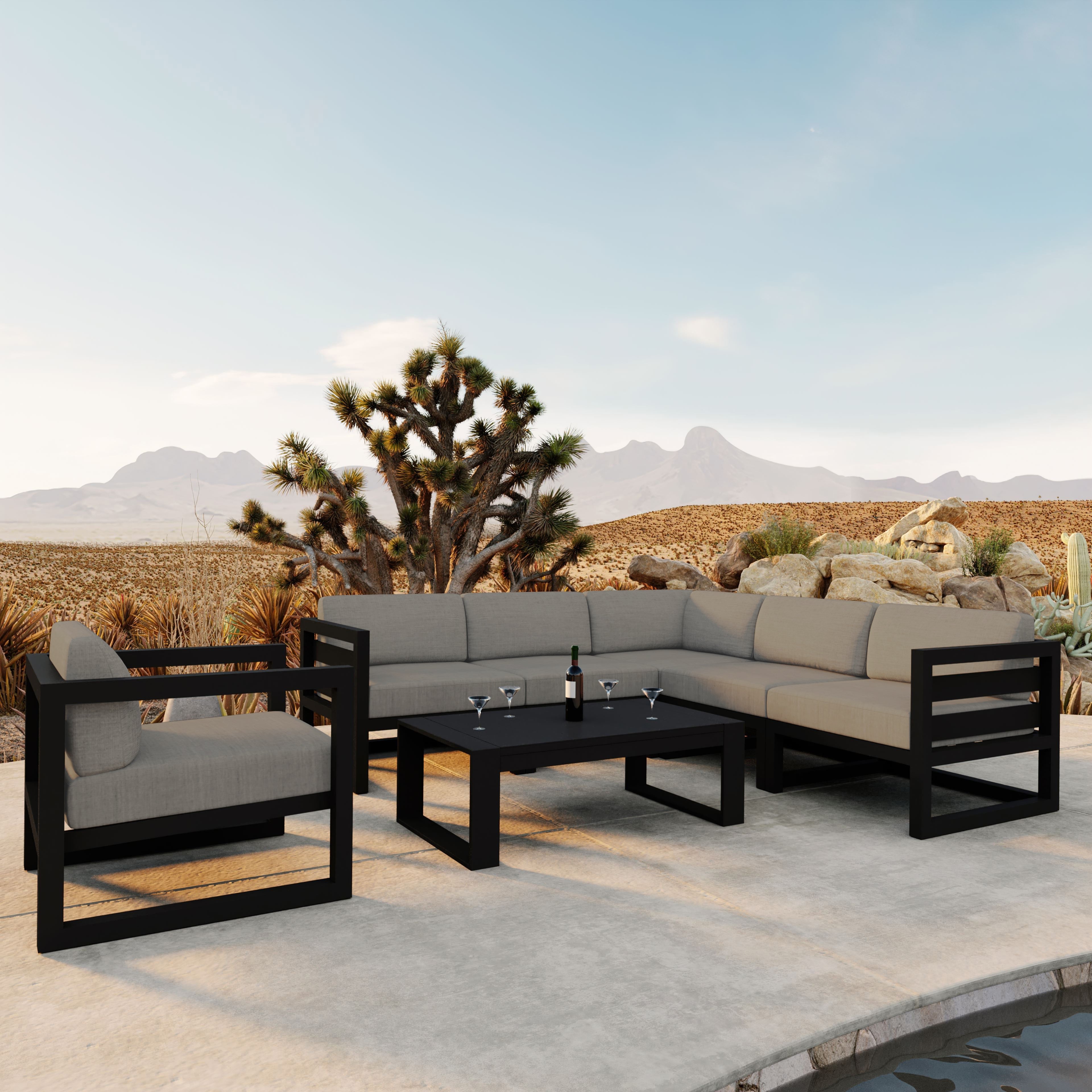 Avion 7 Piece Aluminum Sectional Set#Finish_Black#Fabric_Canvas Charcoal