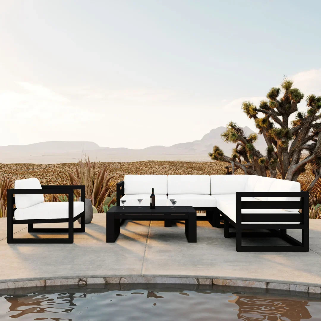 Avion 7 Piece Aluminum Sectional Set#Finish_Black#Fabric_Canvas Natural