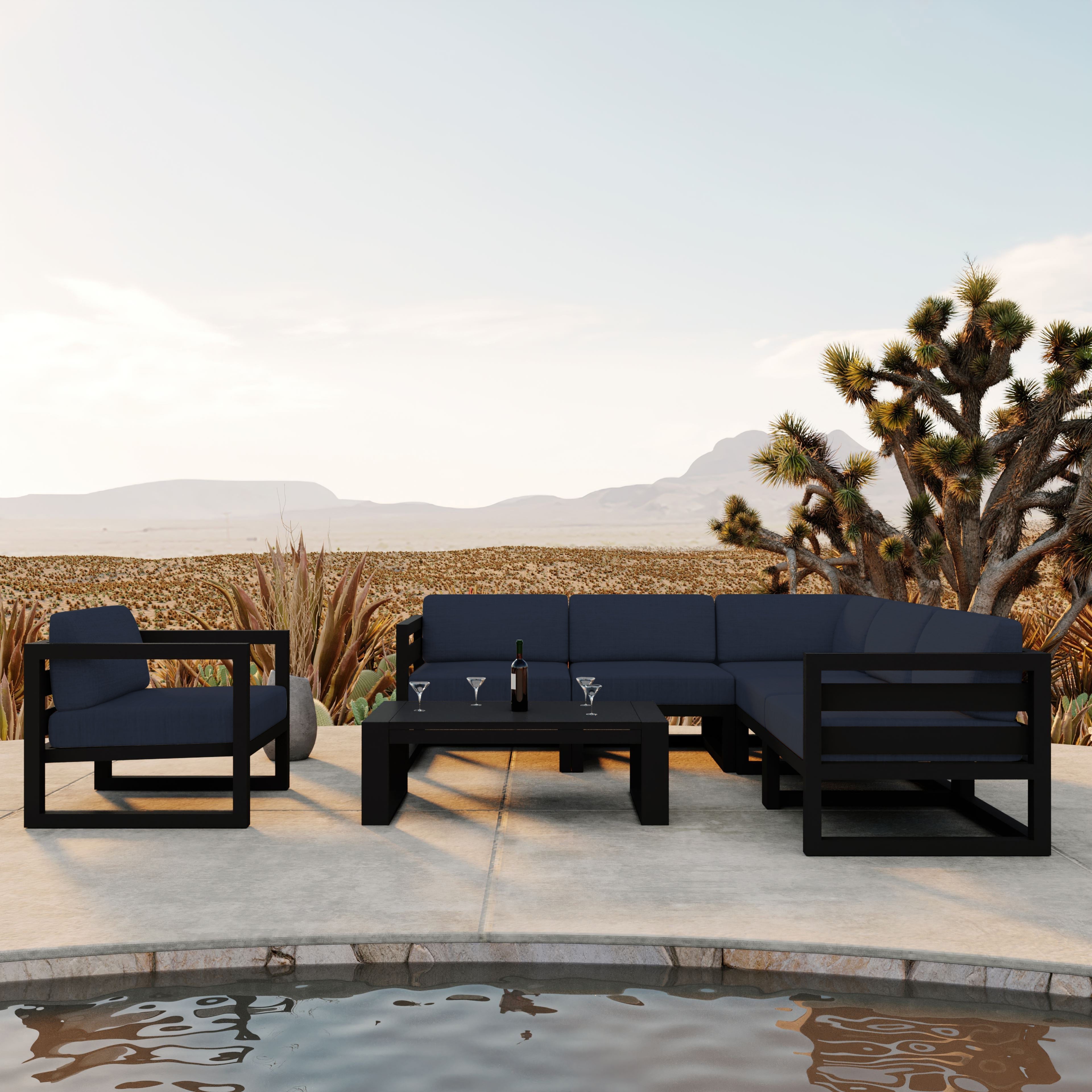 Avion 7 Piece Aluminum Sectional Set#Finish_Black#Fabric_Spectrum Indigo