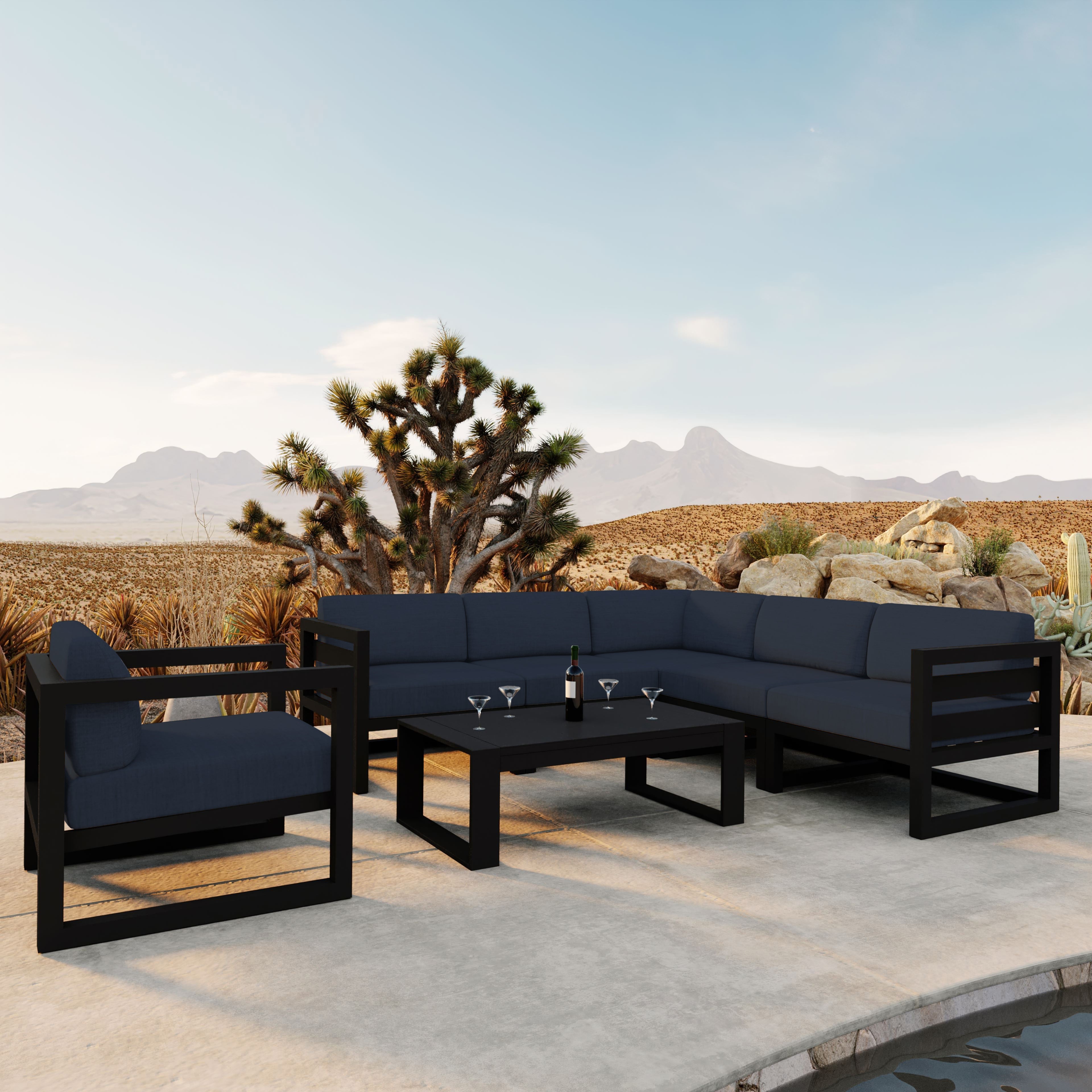 Avion 7 Piece Aluminum Sectional Set#Finish_Black#Fabric_Spectrum Indigo