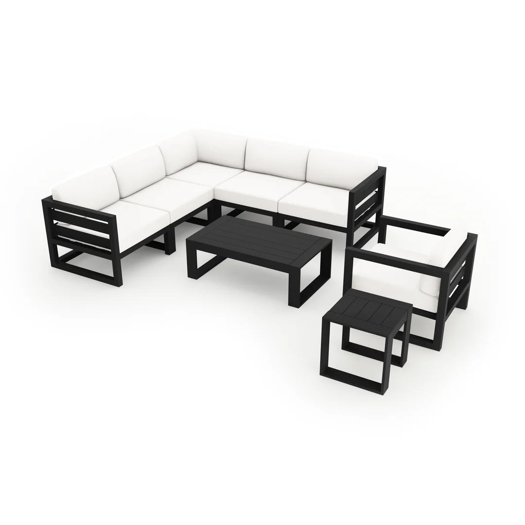 Avion 8 Piece Aluminum Sectional Set#Finish_Black#Fabric_Canvas Natural