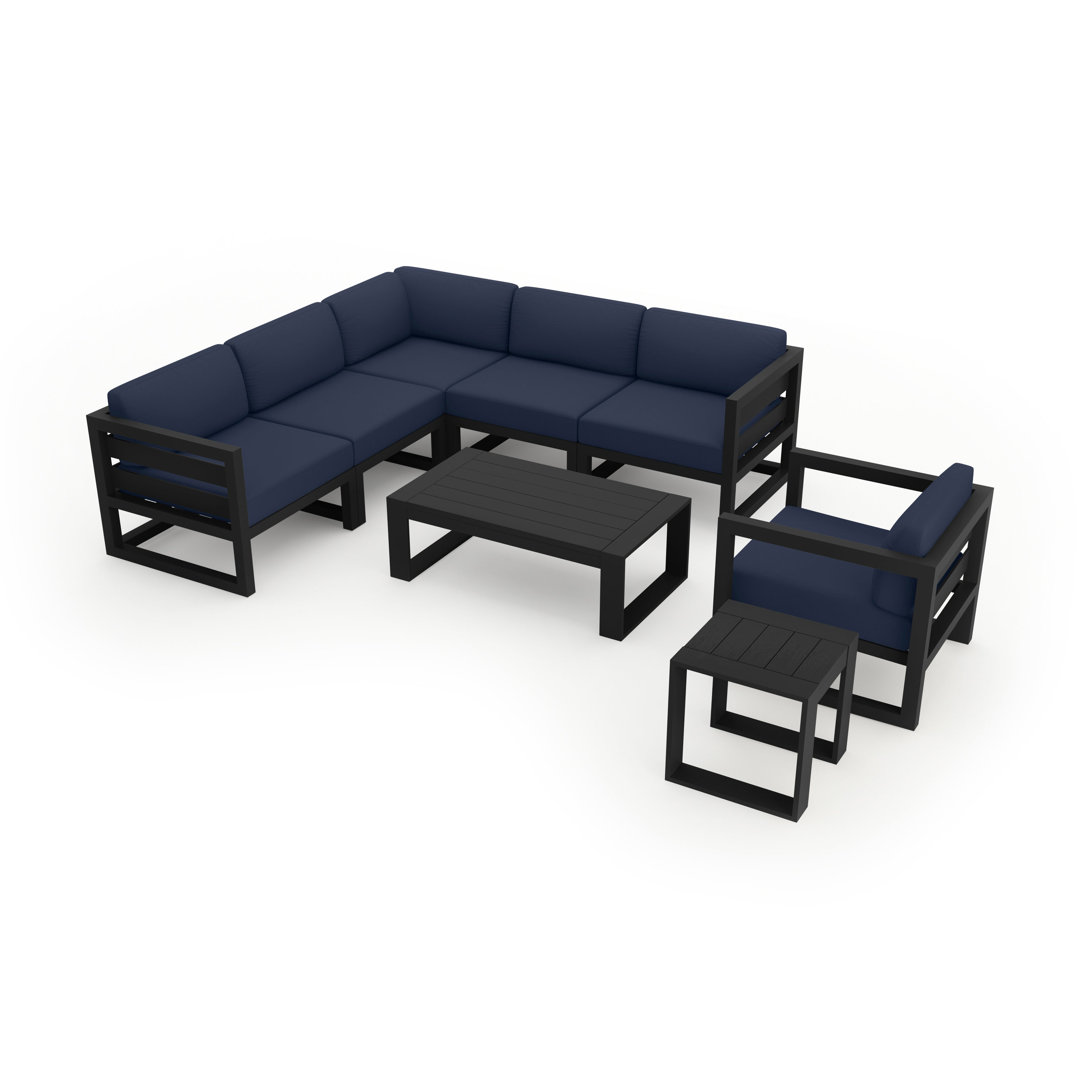 Avion 8 Piece Aluminum Sectional Set#Finish_Black#Fabric_Spectrum Indigo