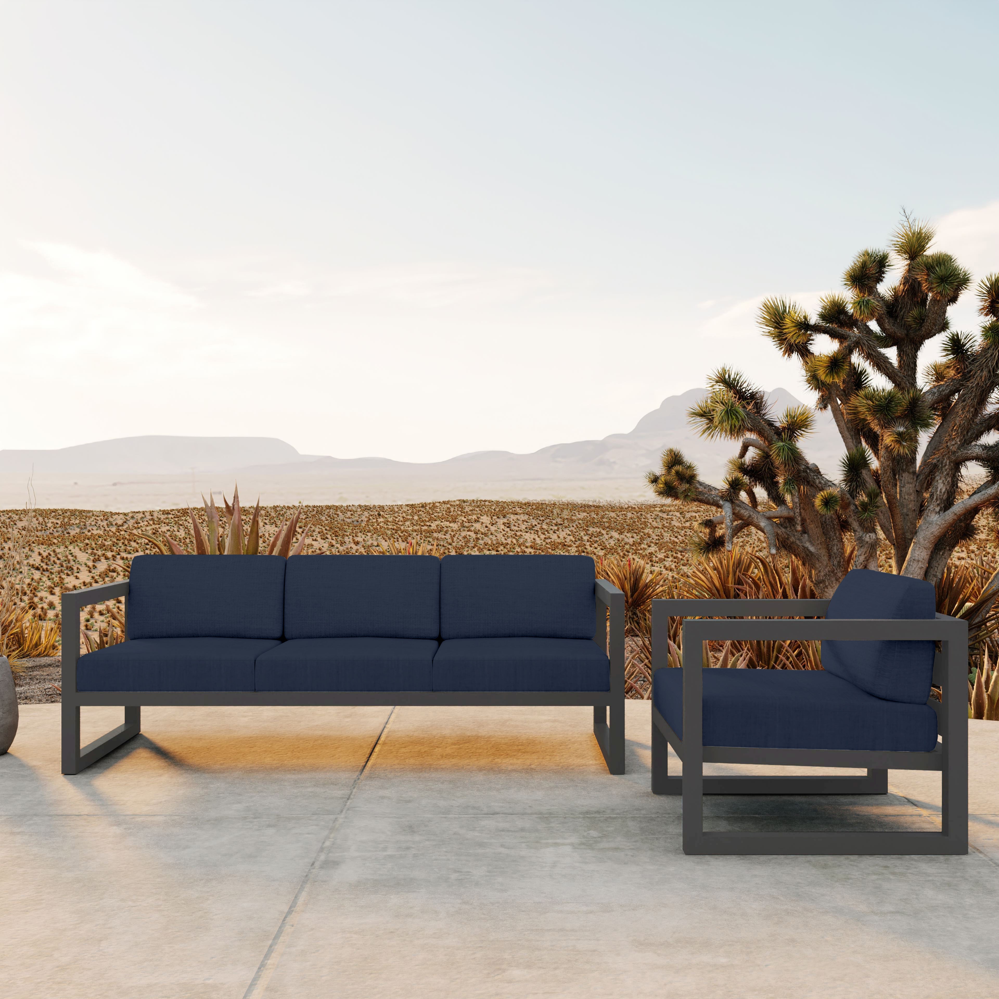 Avion 2 Piece Aluminum Sofa Set#Finish_Slate#Fabric_Spectrum Indigo