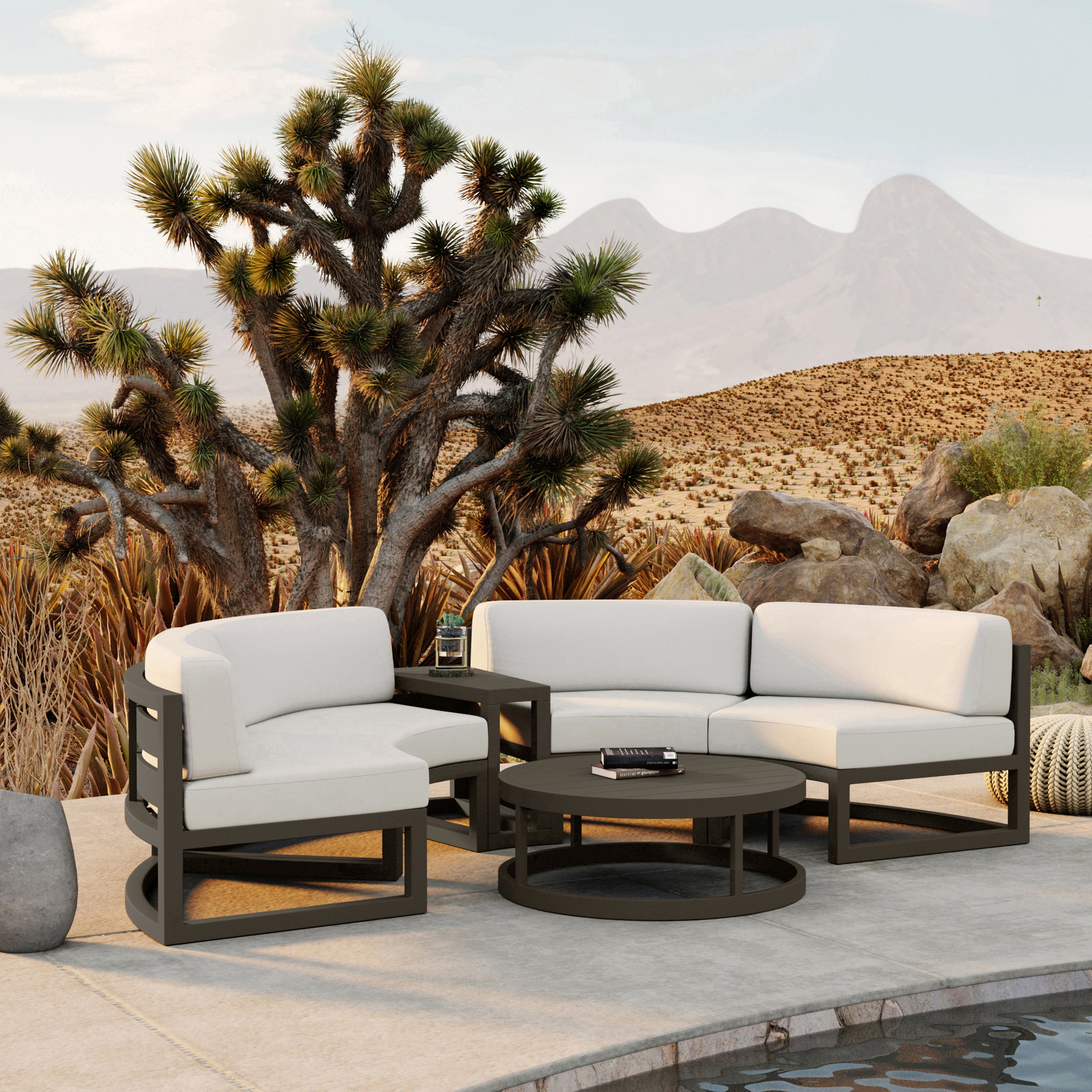 Avion 4 Piece Aluminum Curve Sectional Set#Finish_Slate#Fabric_Canvas Natural