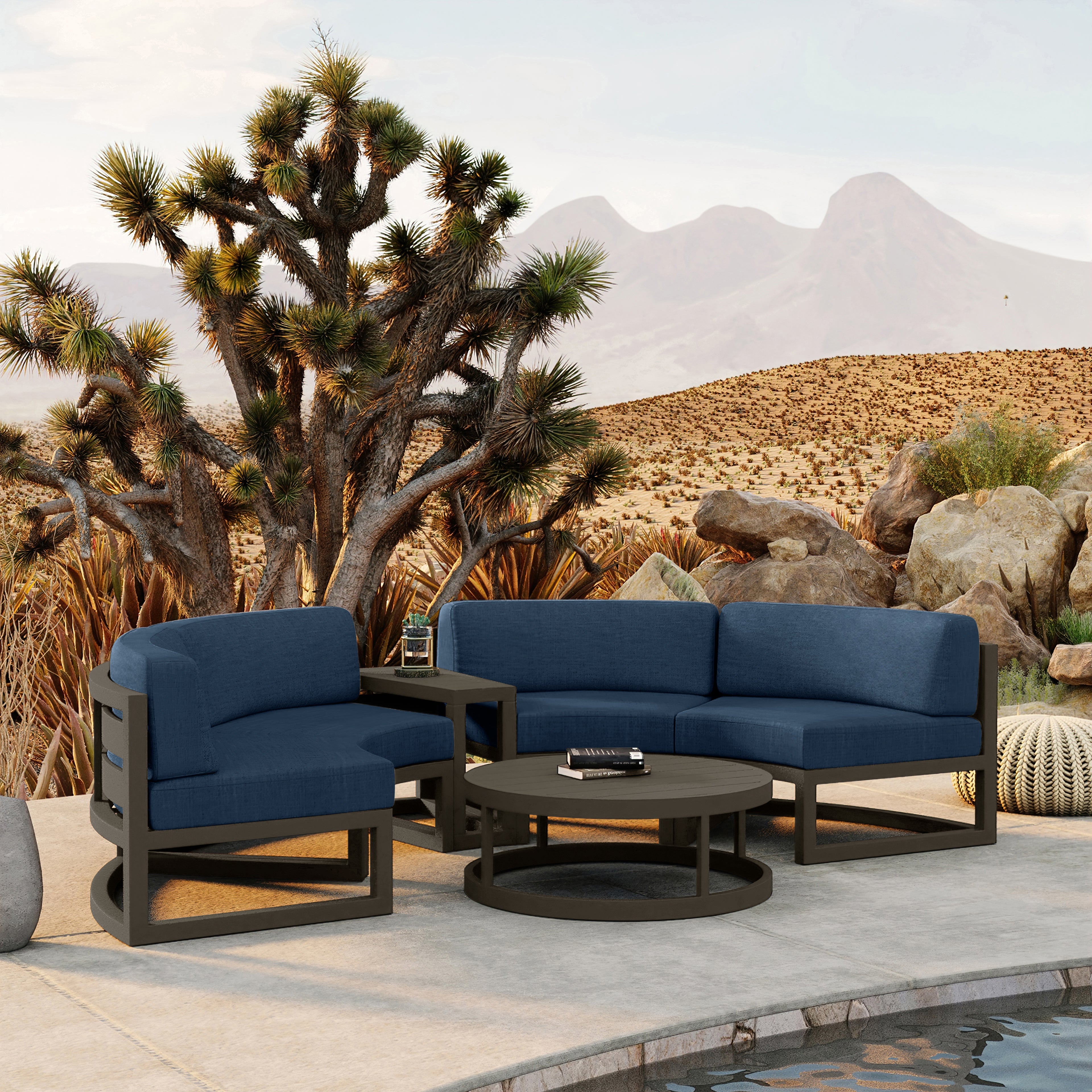 Avion 4 Piece Aluminum Curve Sectional Set#Finish_Slate#Fabric_Spectrum Indigo