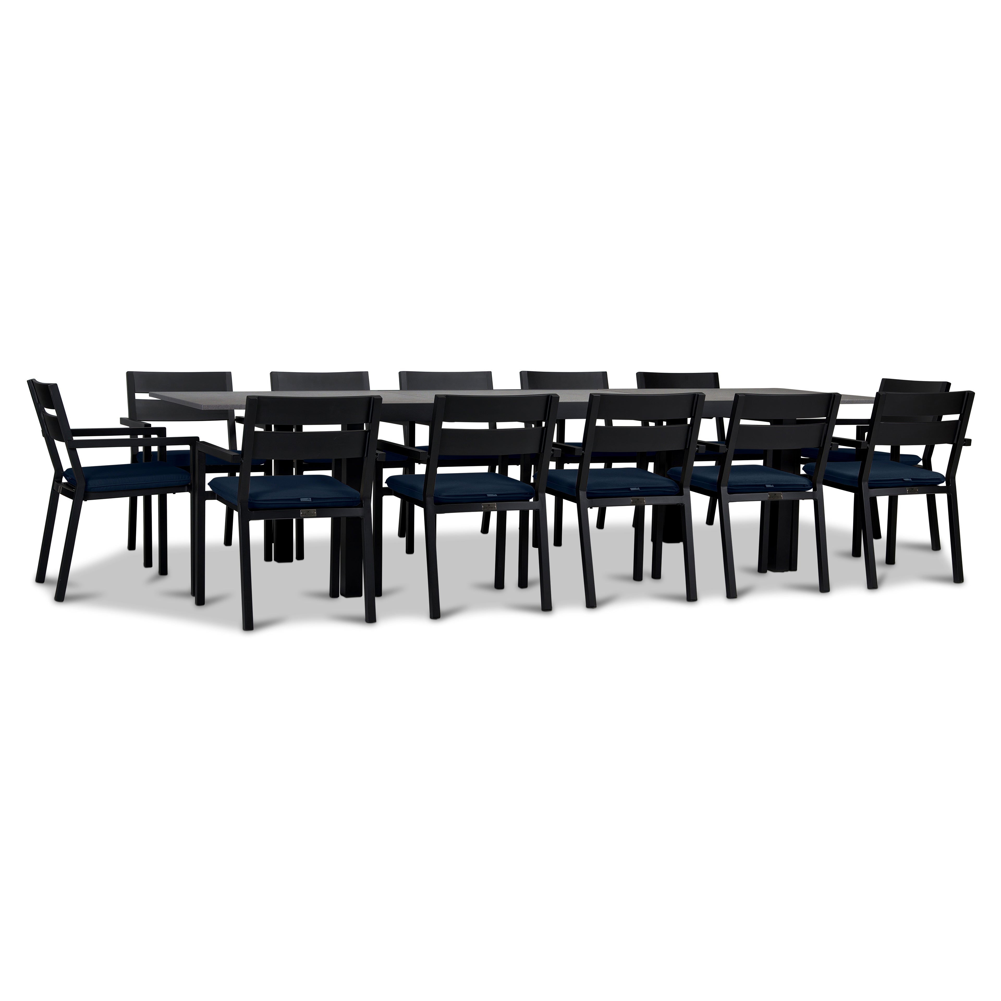 Pacifica 13 Piece Aluminum Extendable Dining Set#Finish_Black#Fabric_Spectrum Indigo