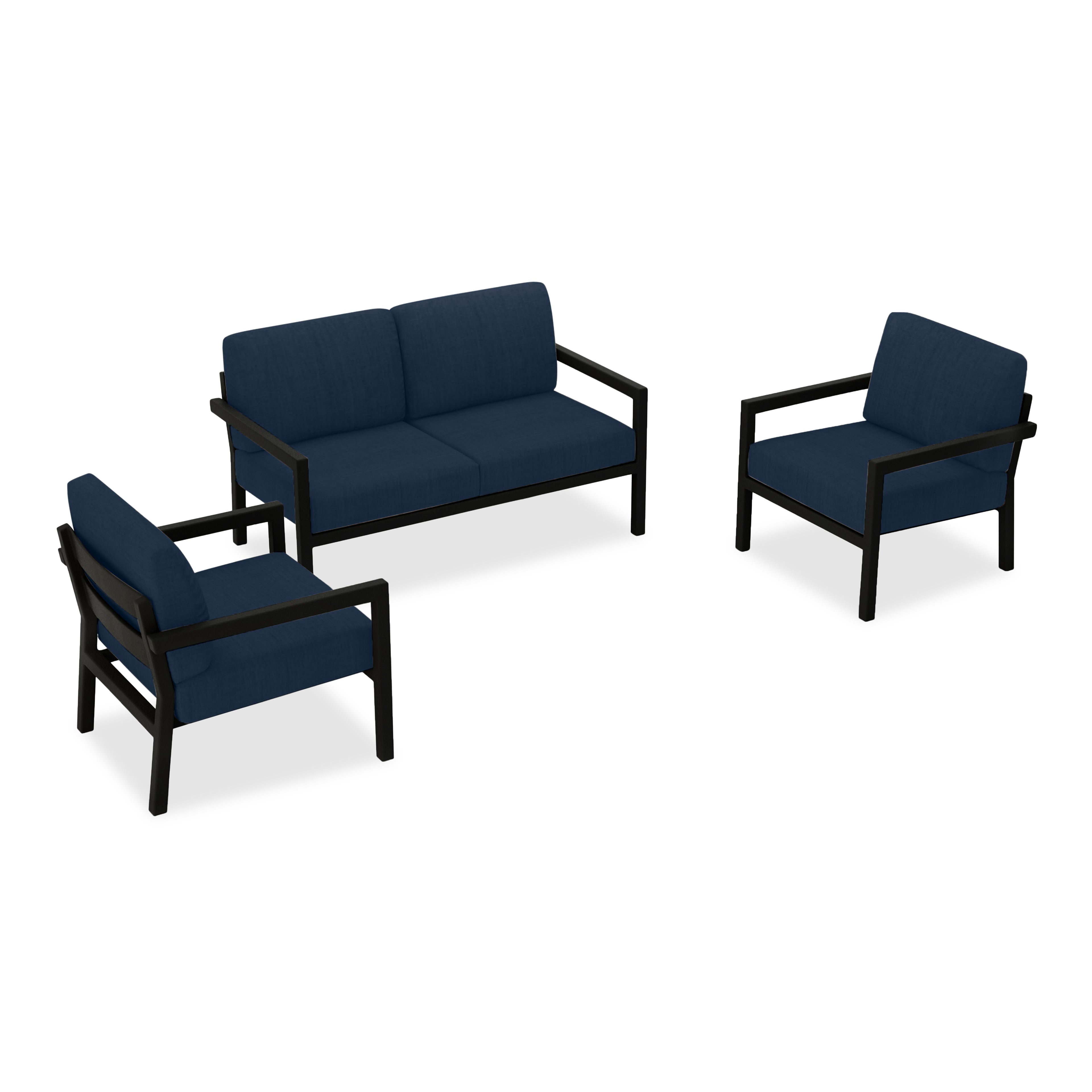 Pacifica 3 Piece Aluminum Loveseat Set#Finish_Black#Fabric_Spectrum Indigo