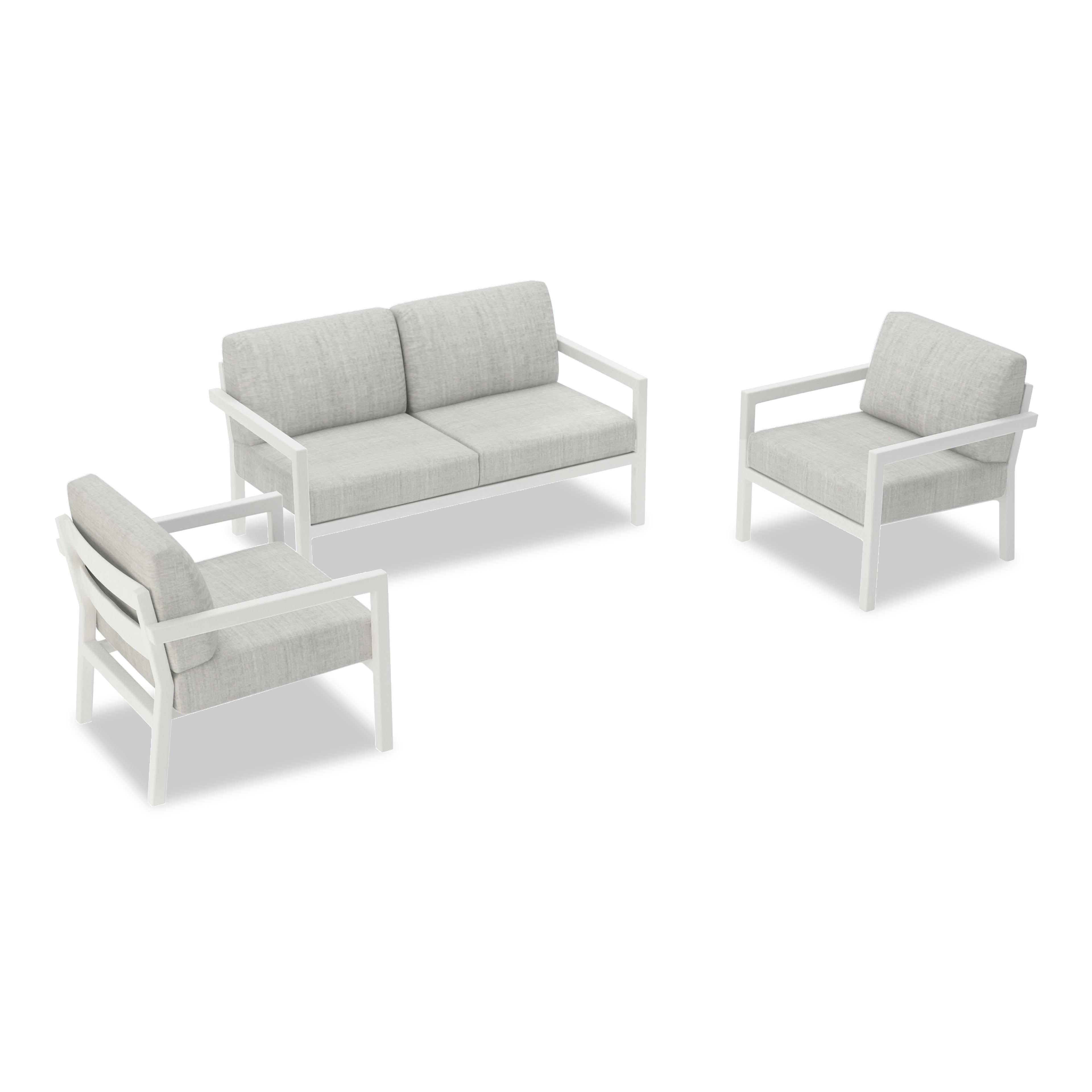 Pacifica 3 Piece Aluminum Loveseat Set#Finish_White#Fabric_Cast Silver