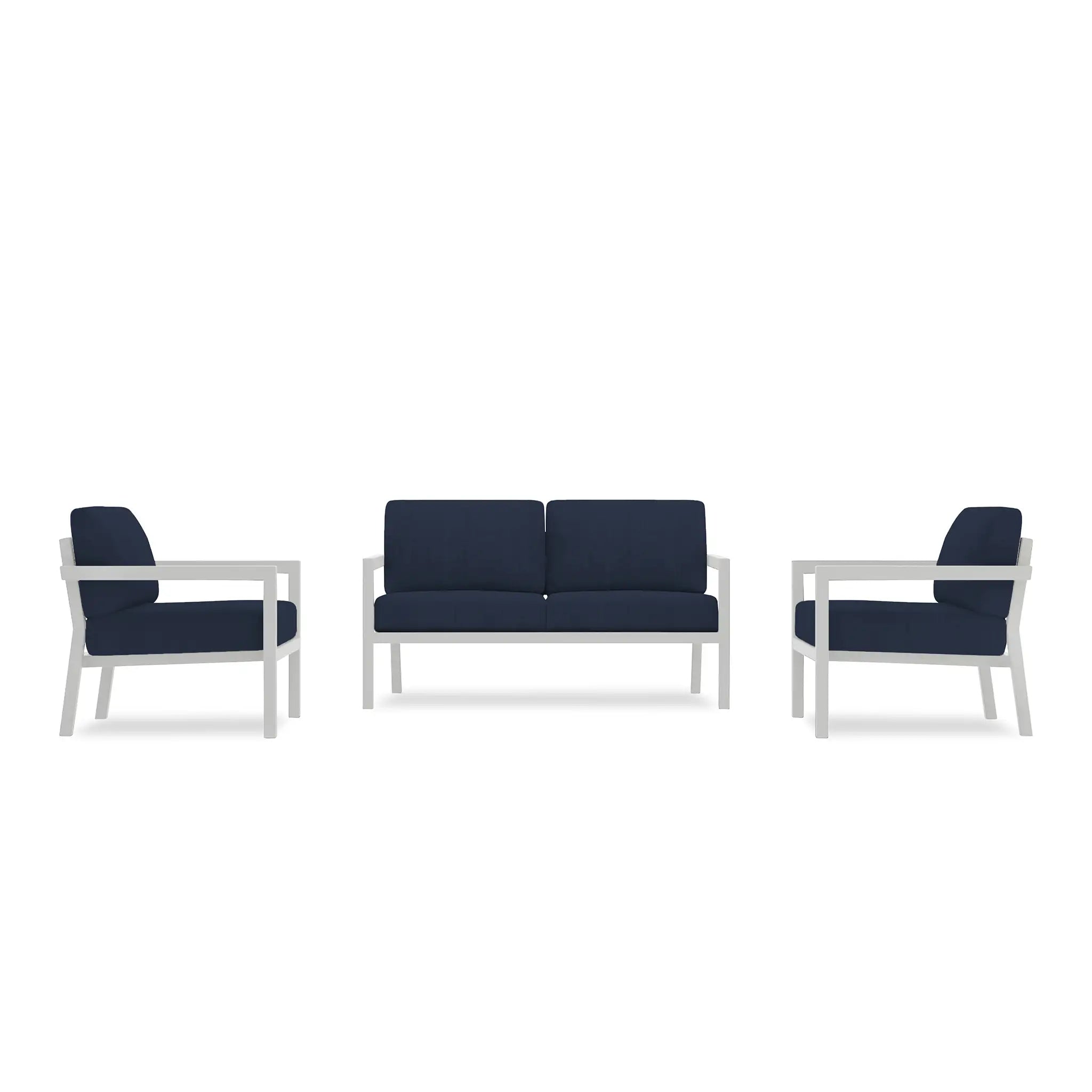 Pacifica 3 Piece Aluminum Loveseat Set#Finish_White#Fabric_Spectrum Indigo