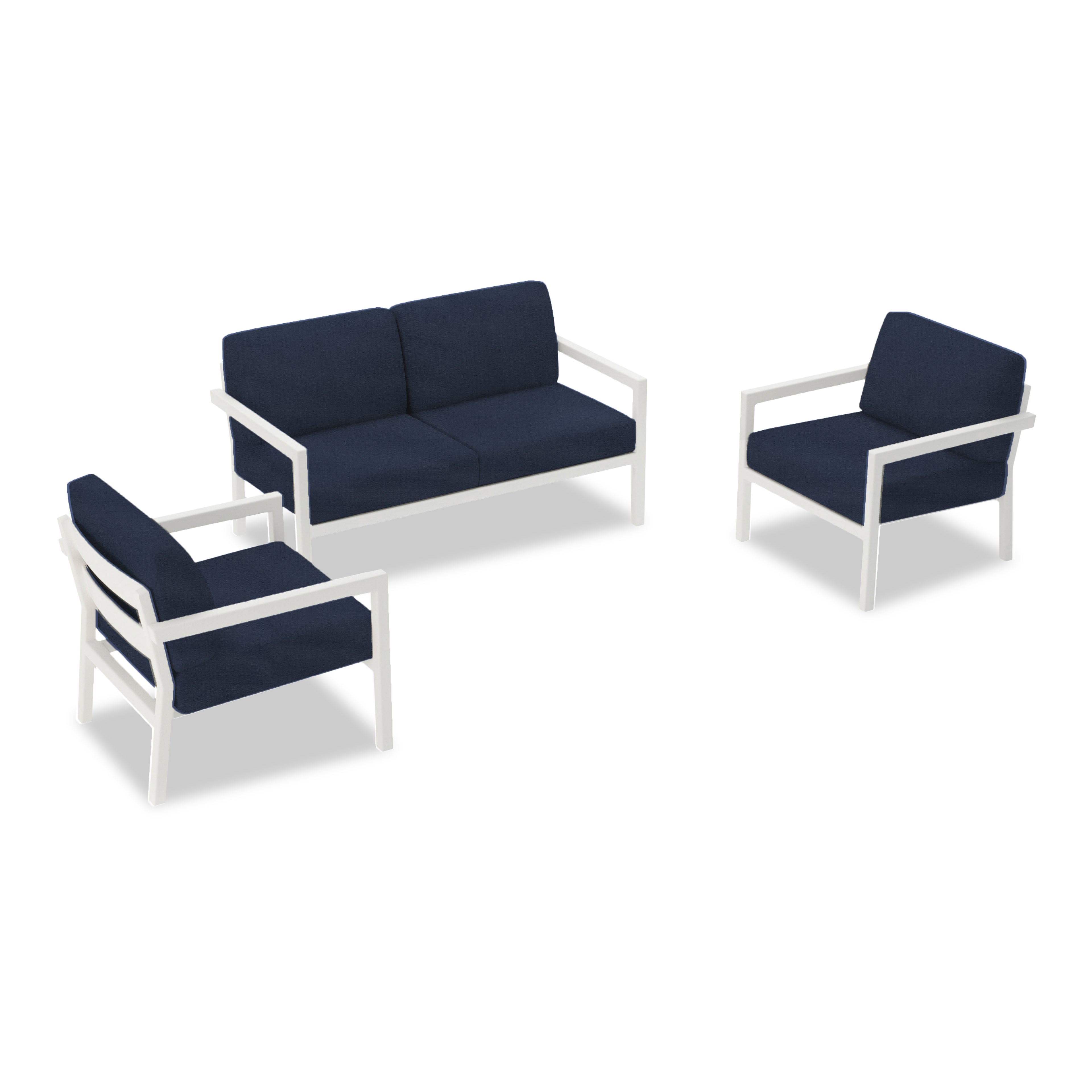 Pacifica 3 Piece Aluminum Loveseat Set#Finish_White#Fabric_Spectrum Indigo