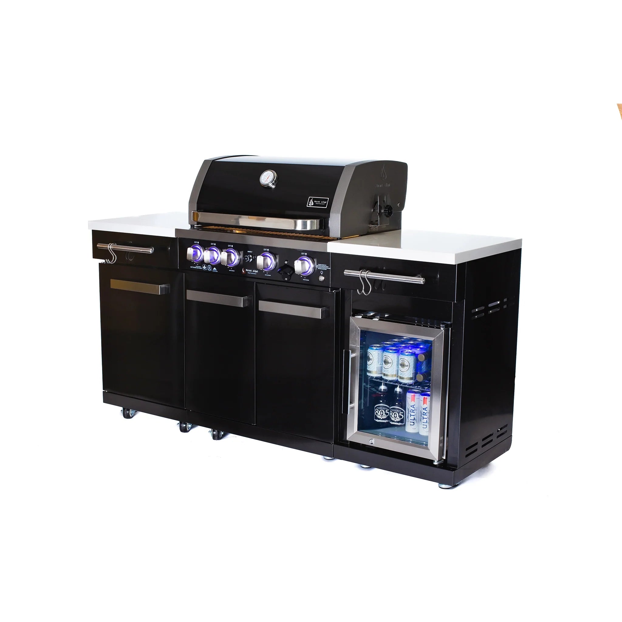 Compact 6 ft. Black Stainless Steel 4-Burner Outdoor Kitchen Island with Refrigerator