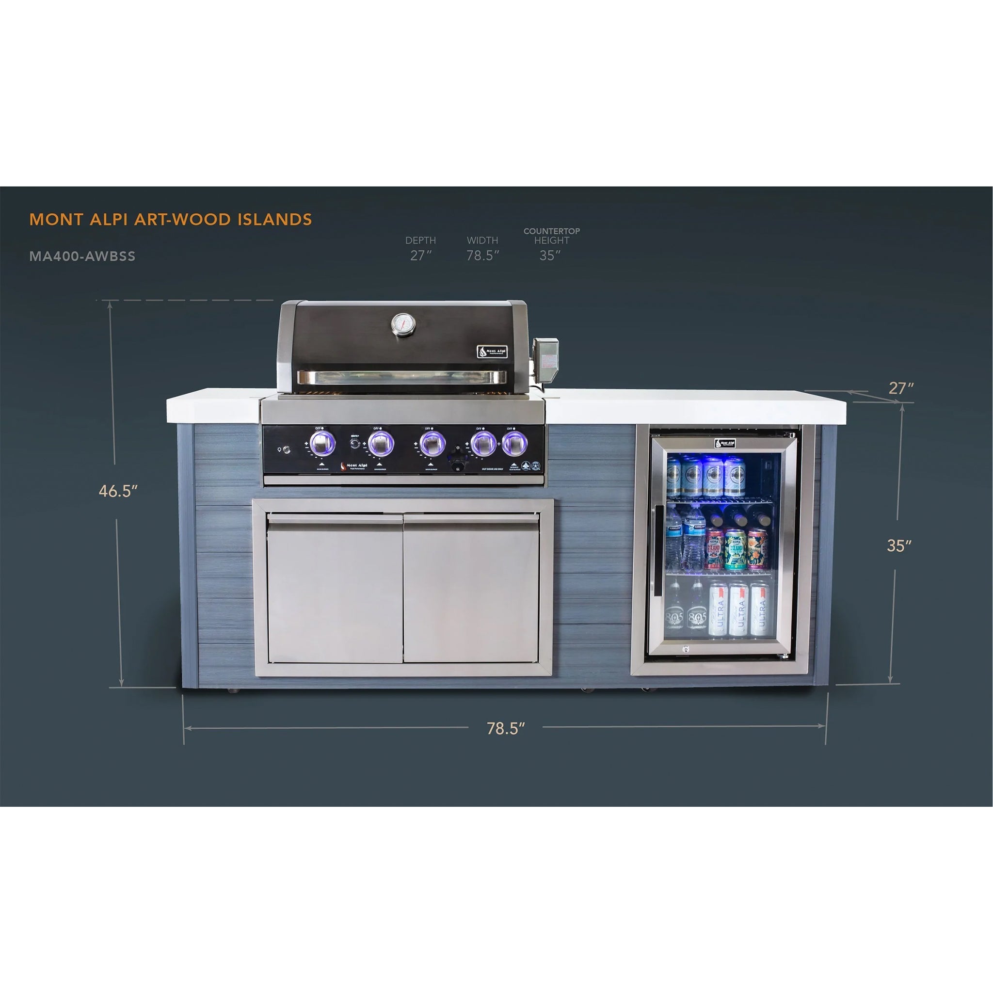 Artwood 6.5 ft. HDPE 4-Burner Outdoor Kitchen Island with Refrigerator - Black Stainless Steel