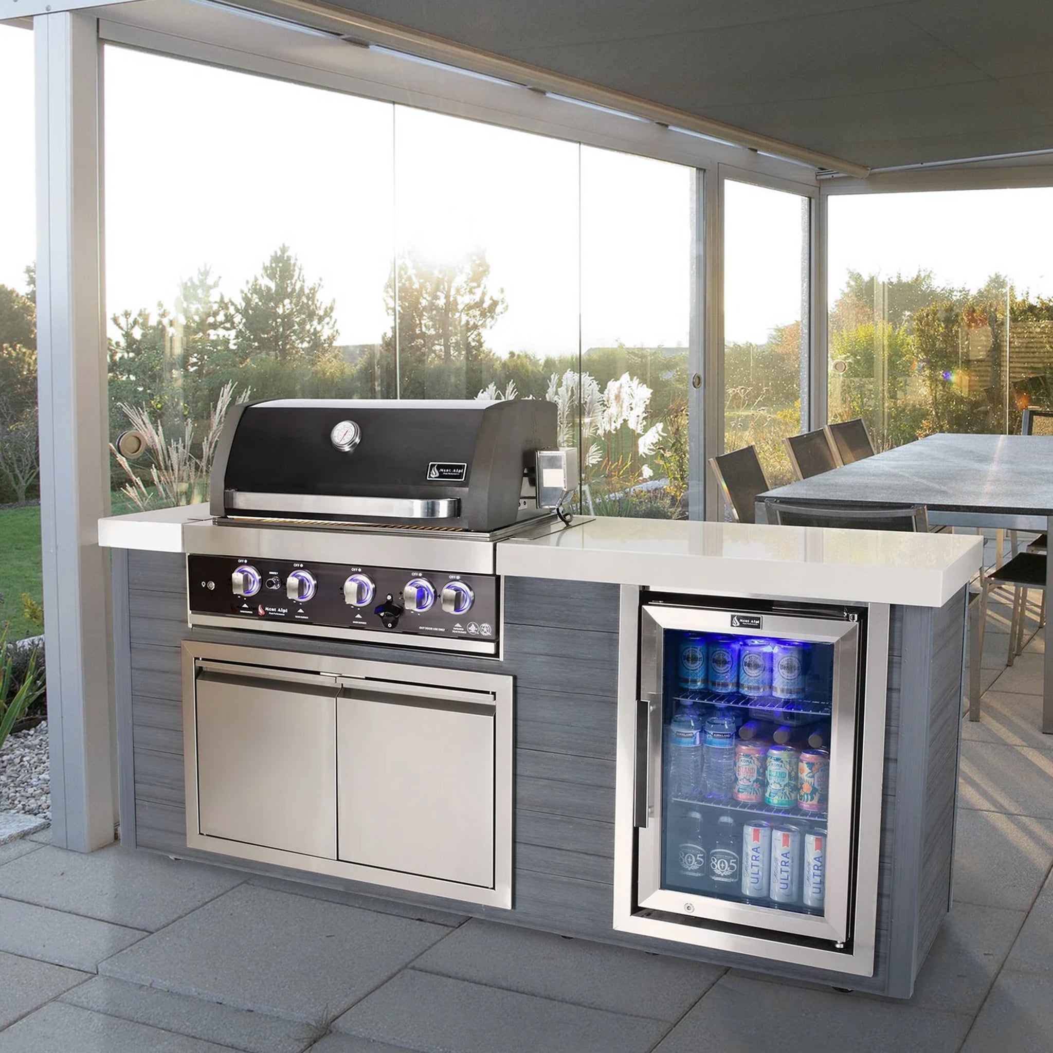 Artwood 6.5 ft. HDPE 4-Burner Outdoor Kitchen Island with Refrigerator - Black Stainless Steel