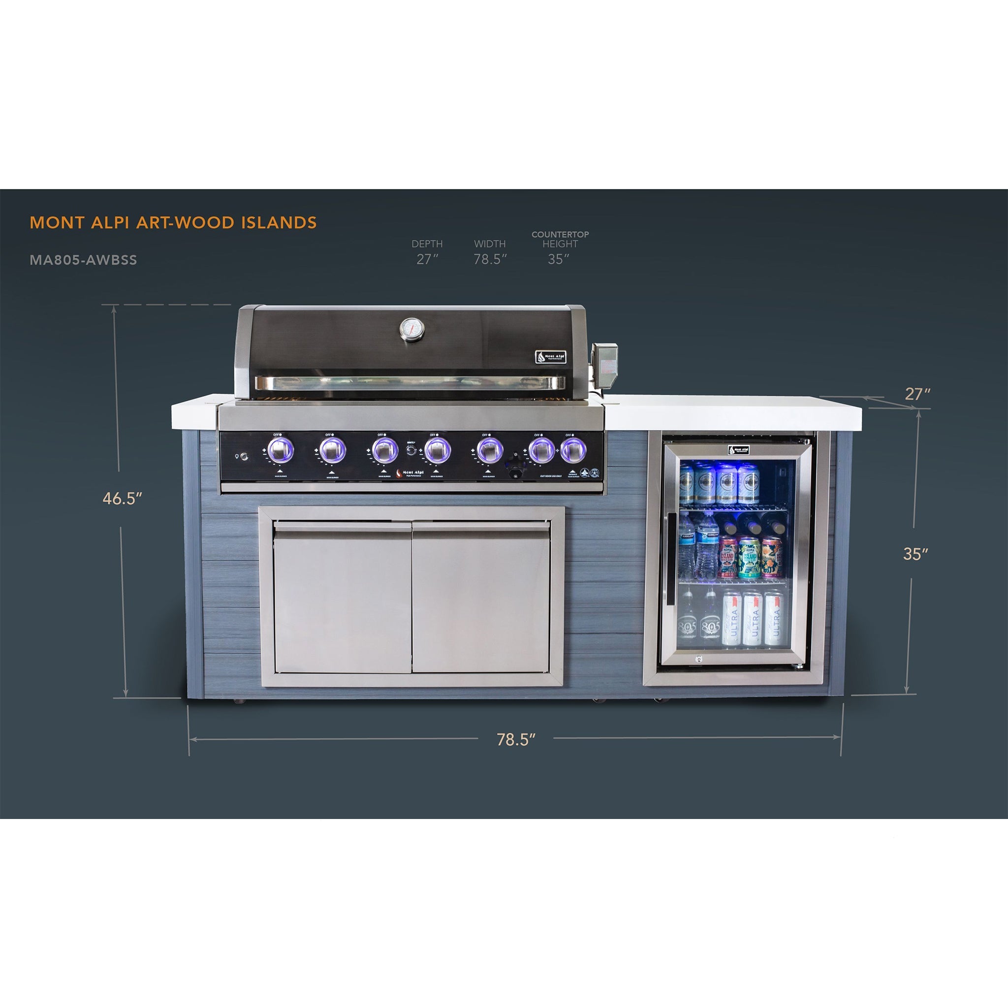 Artwood 6.5 ft. HDPE 6-Burner Outdoor Kitchen Island with Refrigerator - Black Stainless Steel