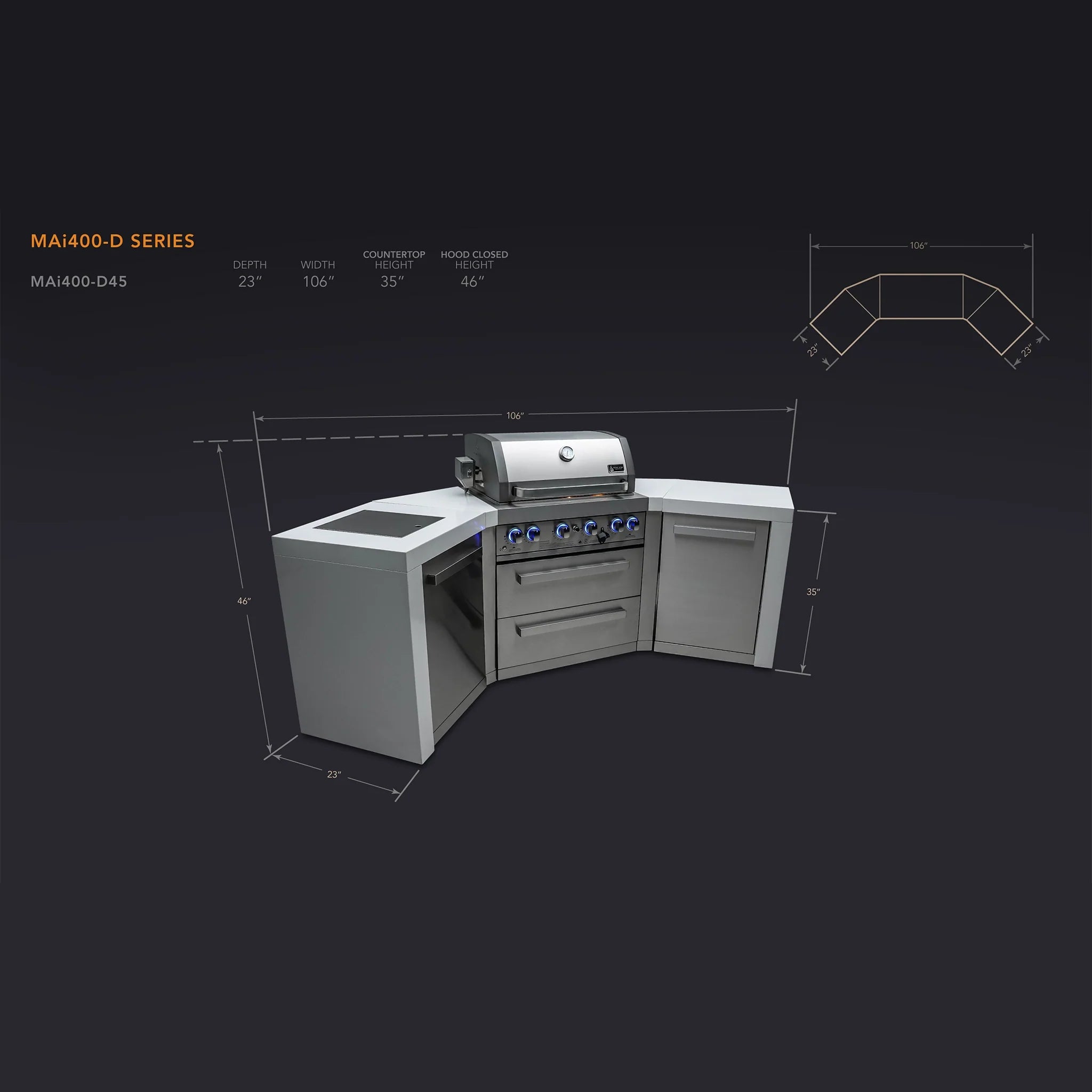 400 Deluxe Stainless Steel 4-Burner Outdoor Kitchen Island with 45-Degree Corners