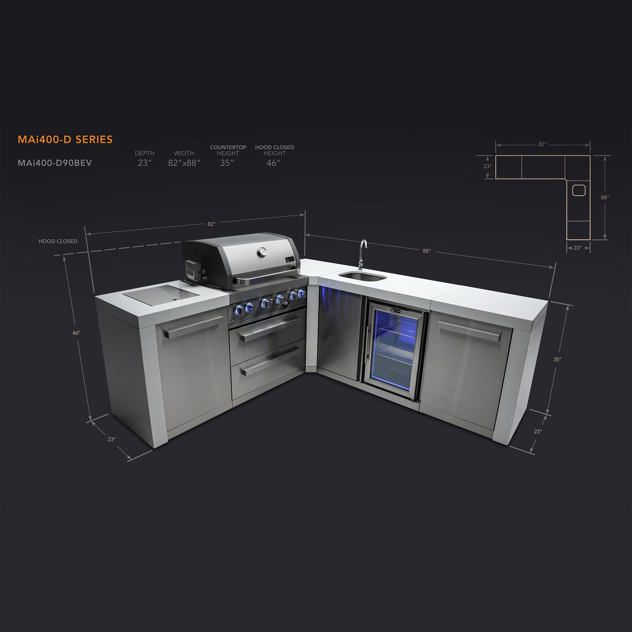 400 Deluxe 10.5 ft. Stainless Steel 4-Burner Outdoor Kitchen Island with 90-Degree Corner and Beverage Center