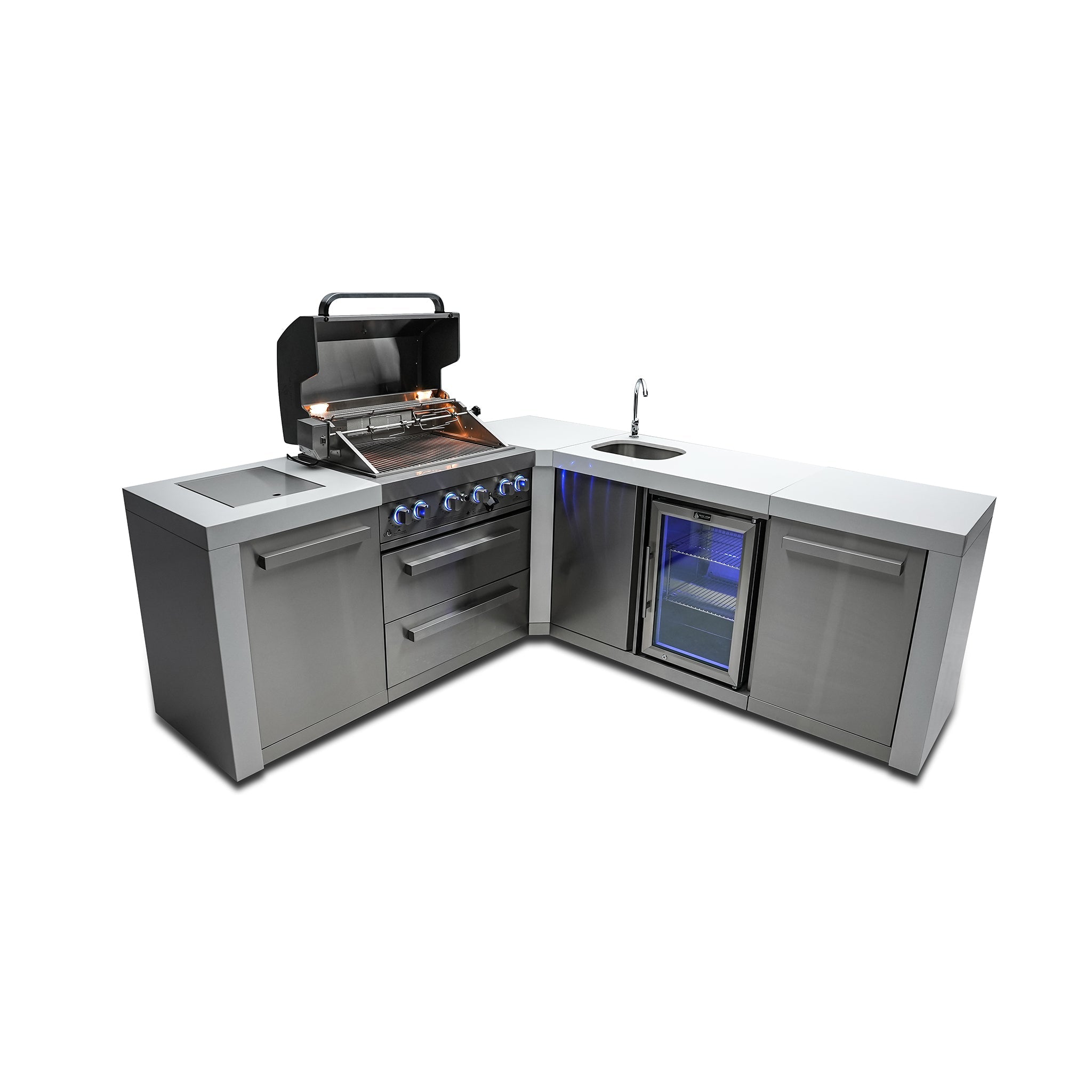 400 Deluxe 10.5 ft. Stainless Steel 4-Burner Outdoor Kitchen Island with 90-Degree Corner and Beverage Center