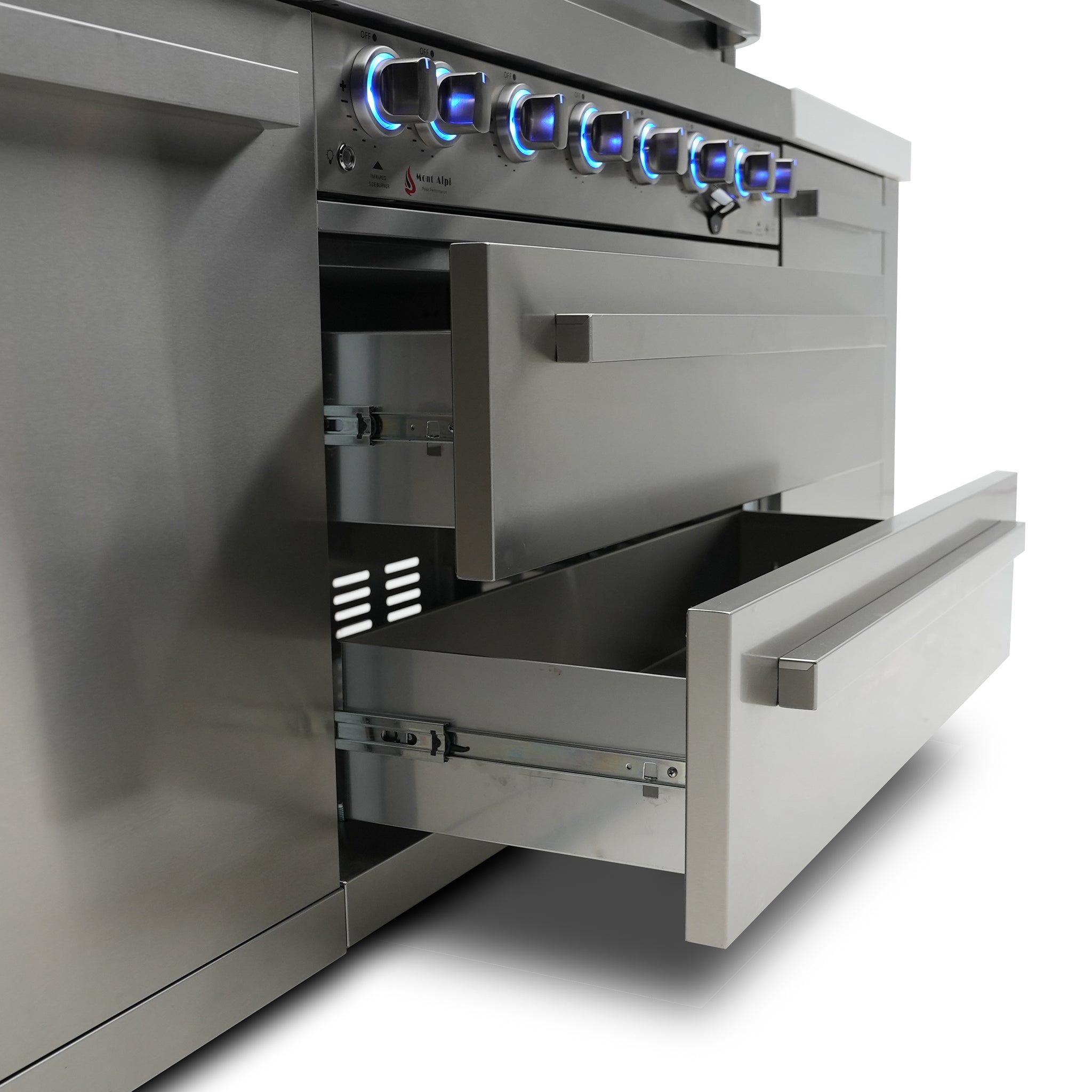 400 Deluxe 10.5 ft. Stainless Steel 4-Burner Outdoor Kitchen Island with 90-Degree Corner Beverage Center and Fridge Cabinet