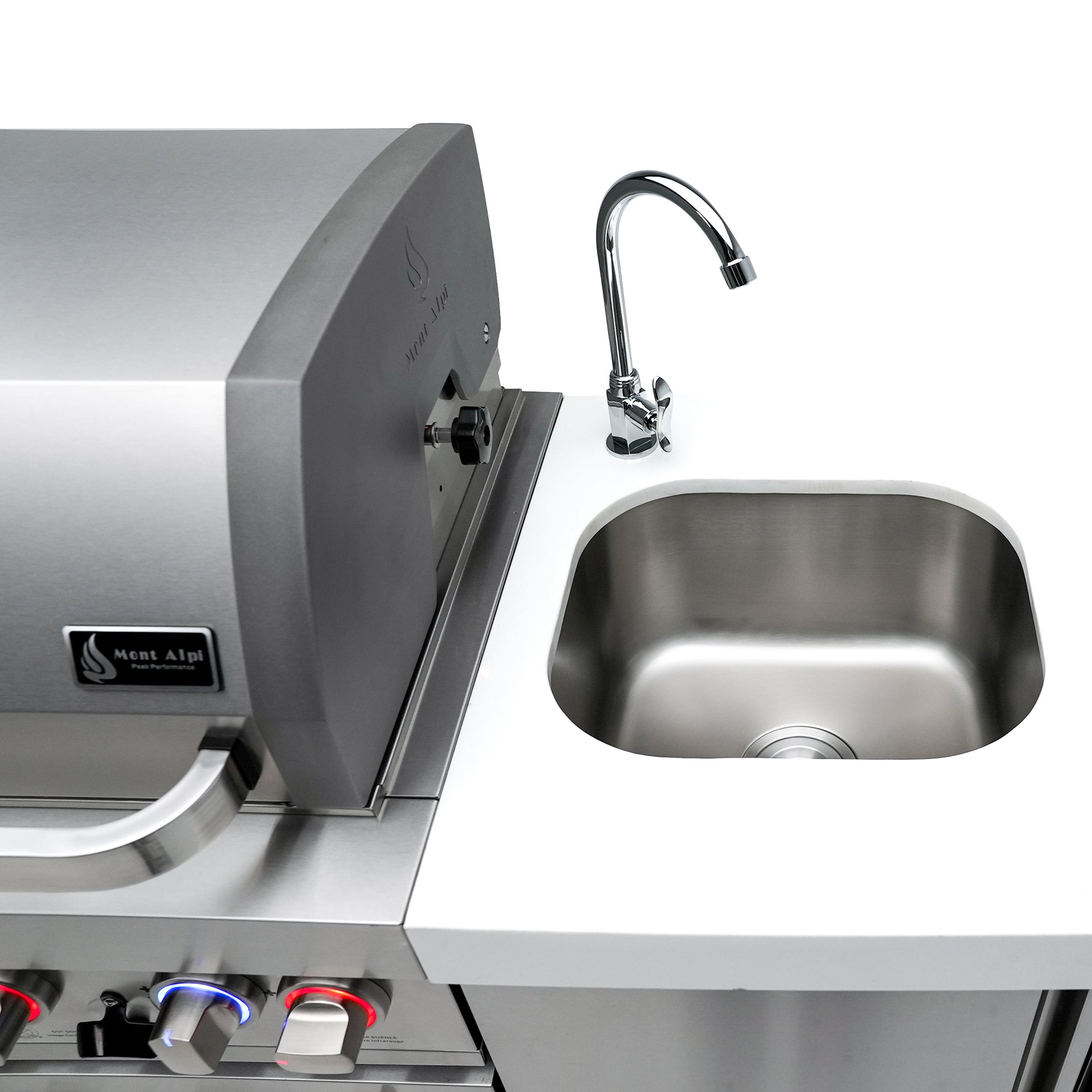 400 Deluxe 10.5 ft. Stainless Steel 4-Burner Outdoor Kitchen Island with 90-Degree Corner Beverage Center and Fridge Cabinet