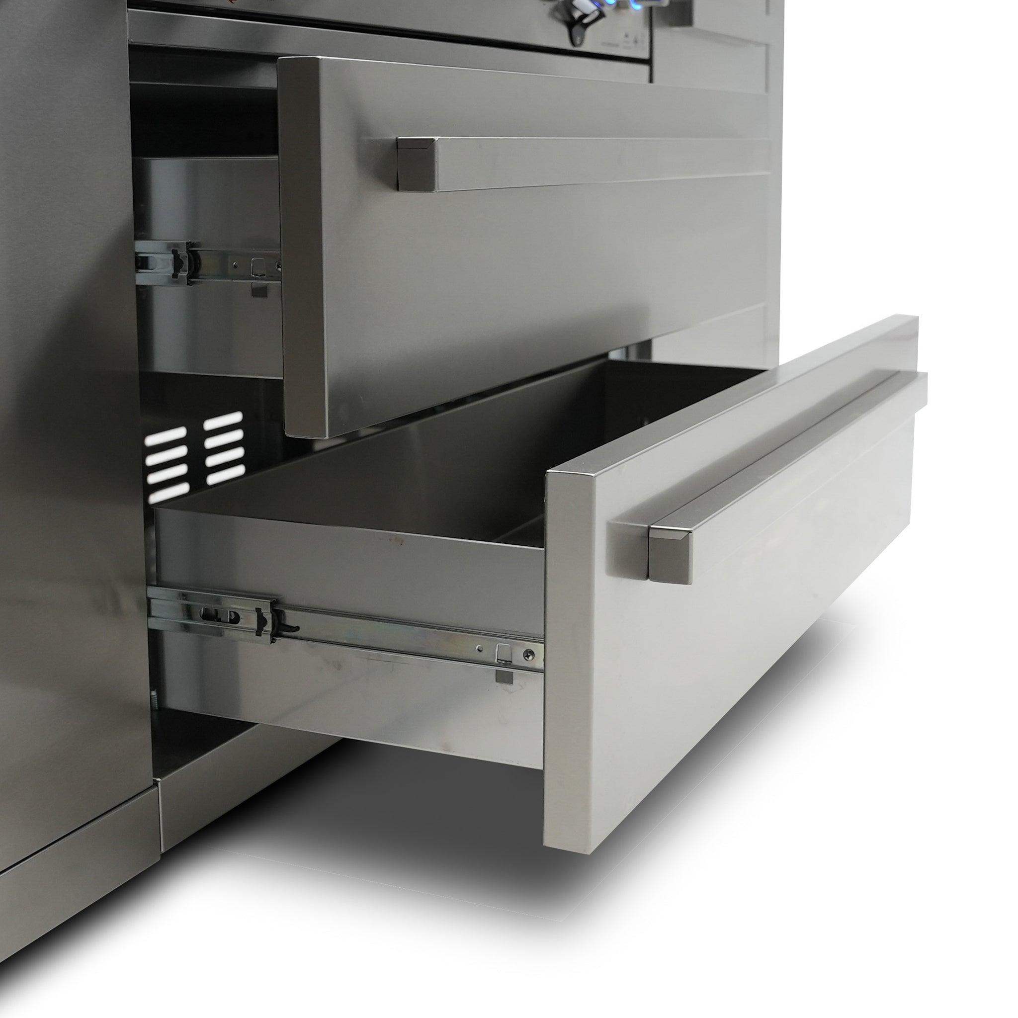 400 Deluxe 10.5 ft. Stainless Steel 4-Burner Outdoor Kitchen Island with 90-Degree Corner Beverage Center and Fridge Cabinet