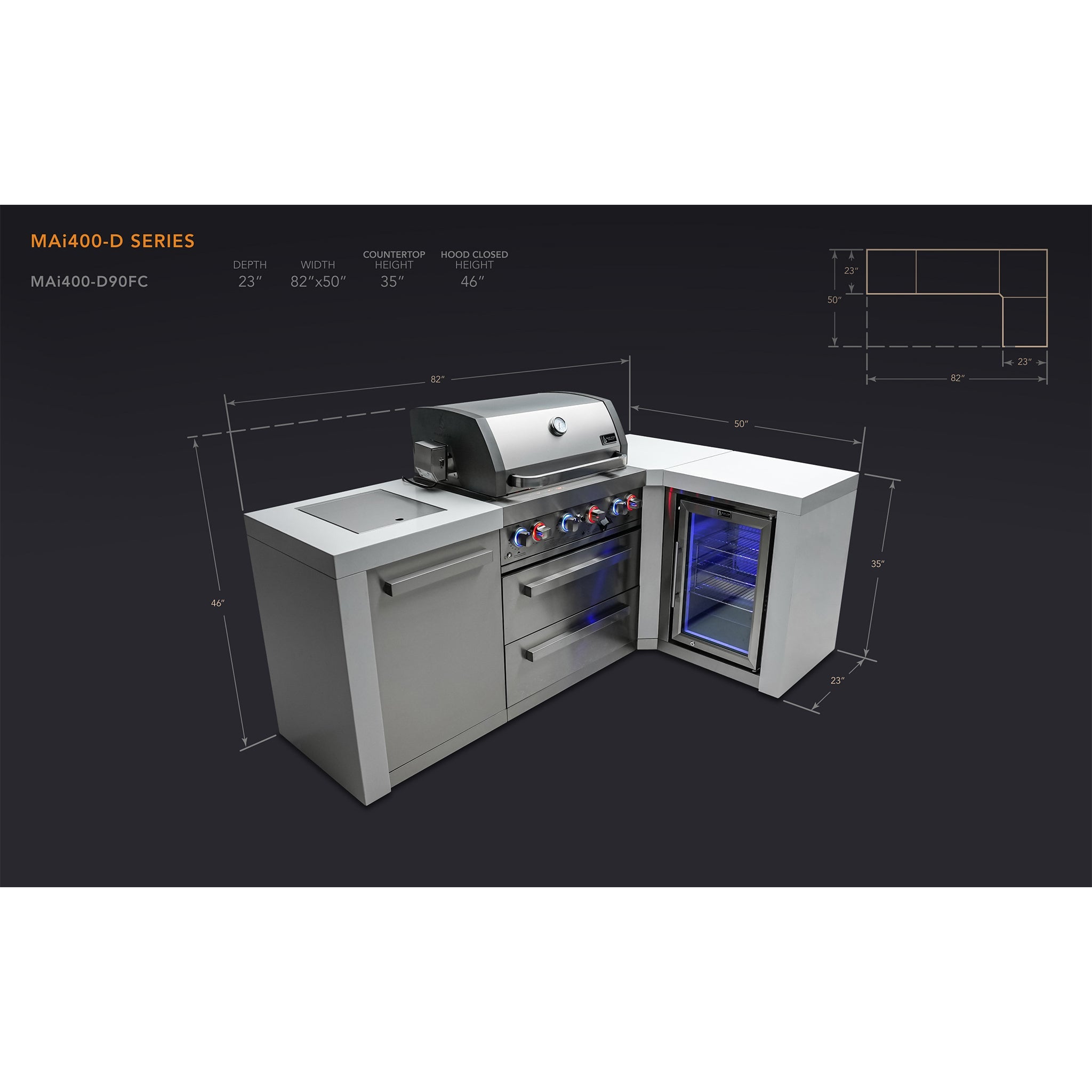 400 Deluxe 7.5 ft. Stainless Steel 4-Burner Outdoor Kitchen Island with 90 Degree Corner and Fridge Cabinet