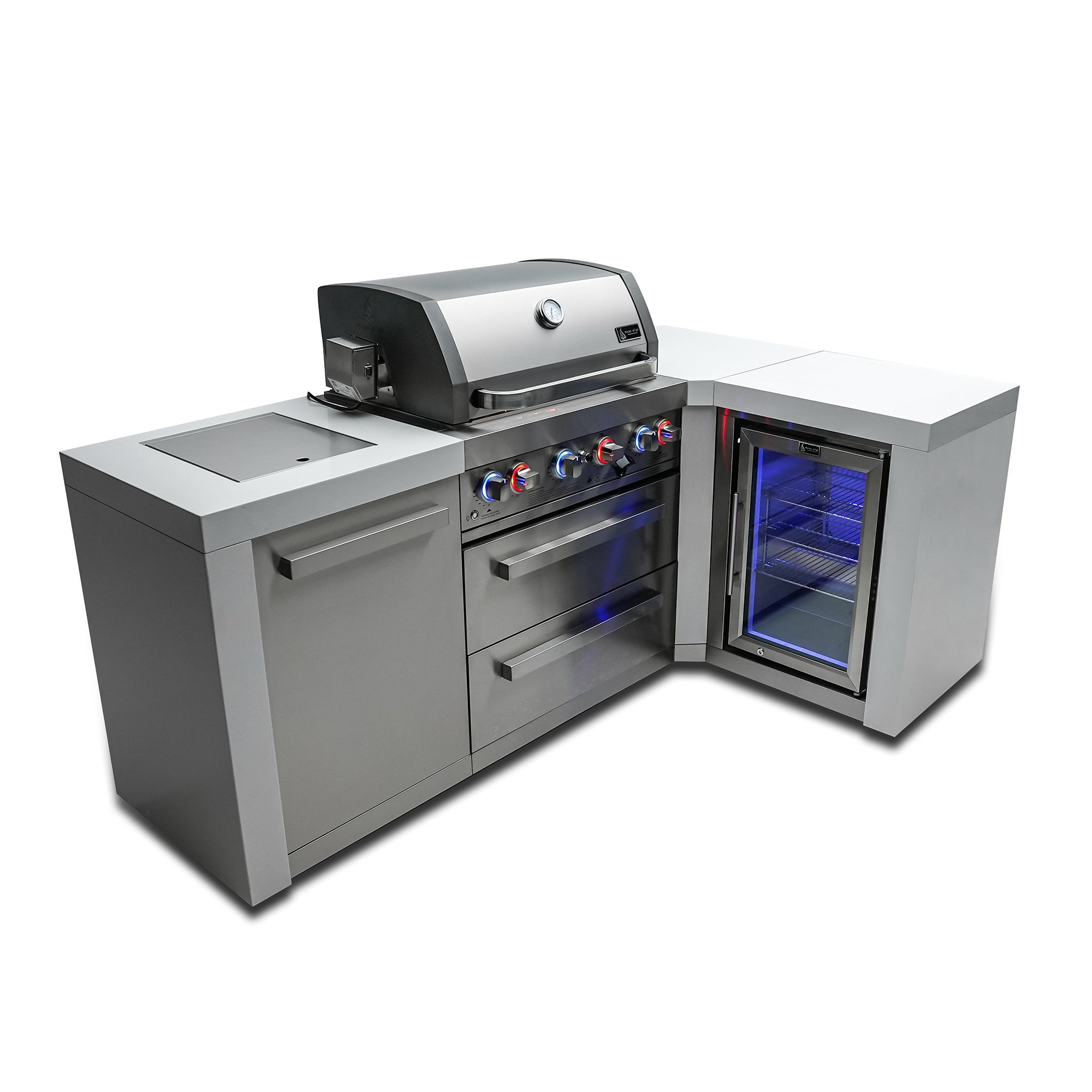 400 Deluxe 7.5 ft. Stainless Steel 4-Burner Outdoor Kitchen Island with 90 Degree Corner and Fridge Cabinet