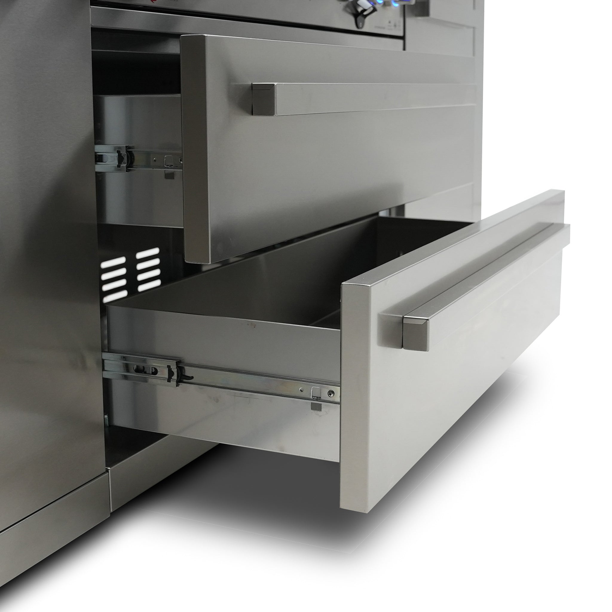 400 Deluxe 7 ft. Stainless Steel 4-Burner Outdoor Kitchen Island with 90-Degree Corner Kegerator and Fridge Cabinet