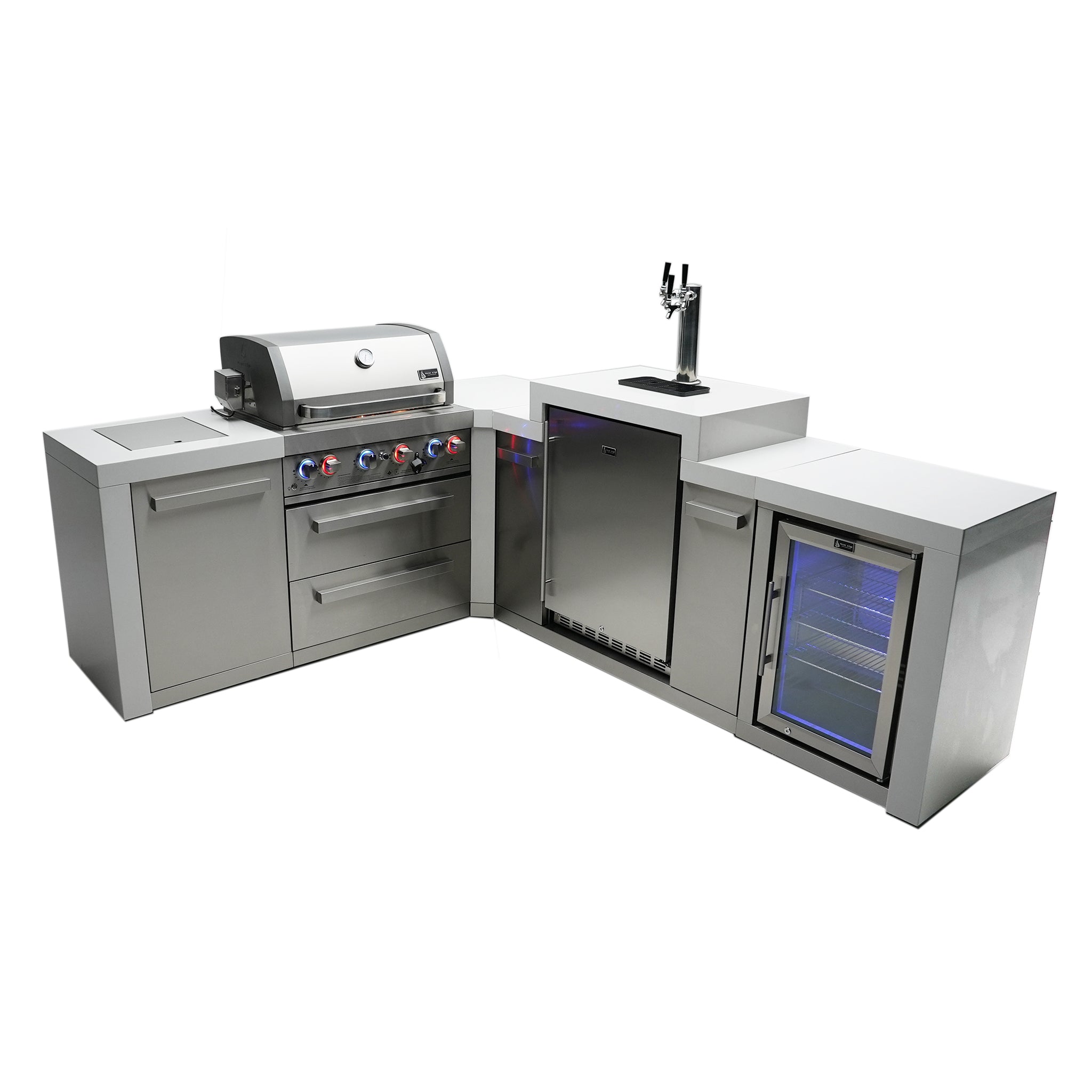 400 Deluxe 7 ft. Stainless Steel 4-Burner Outdoor Kitchen Island with 90-Degree Corner Kegerator and Fridge Cabinet