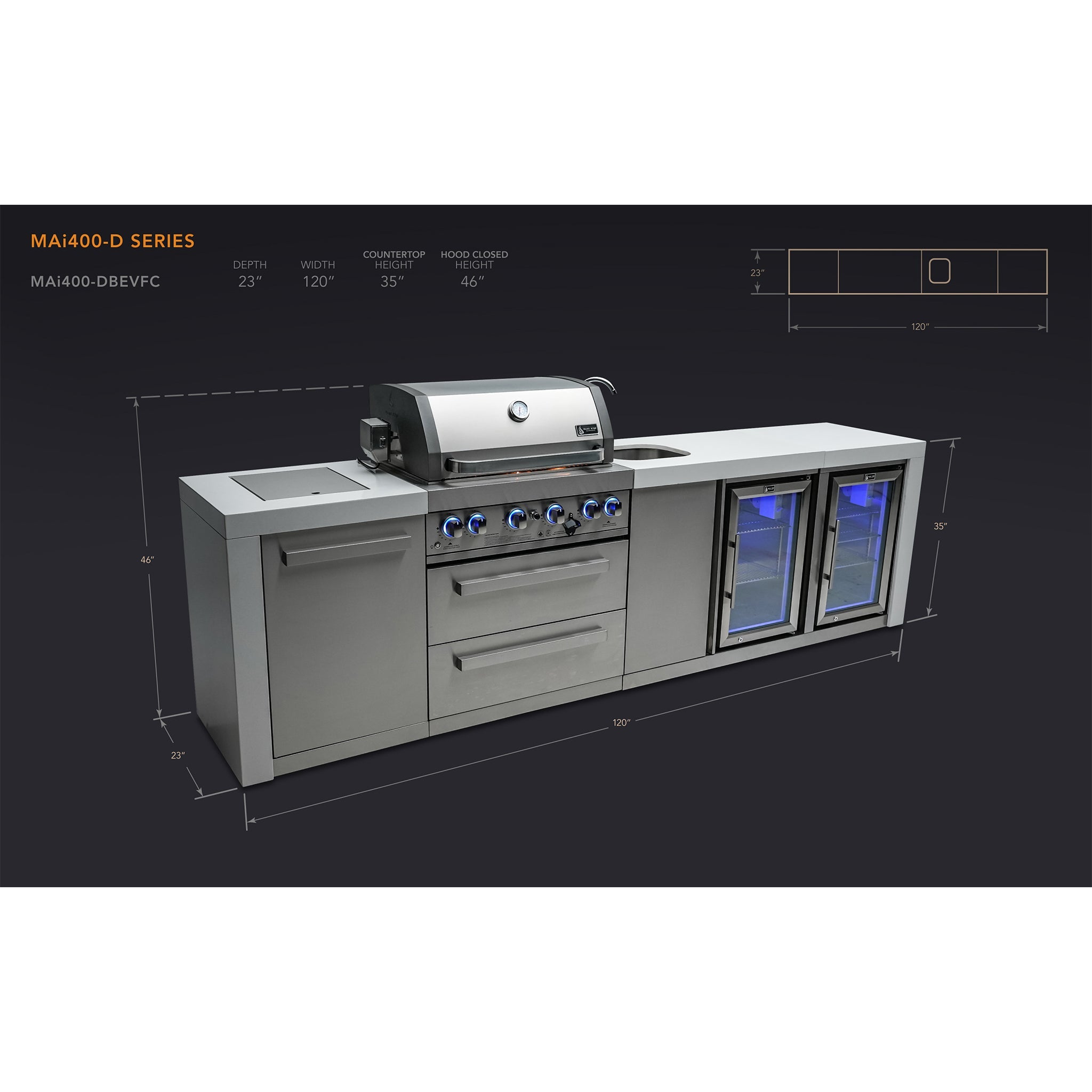 400 Deluxe 10 ft. Stainless Steel 4-Burner Outdoor Kitchen Island with Beverage Center and Fridge Cabinet