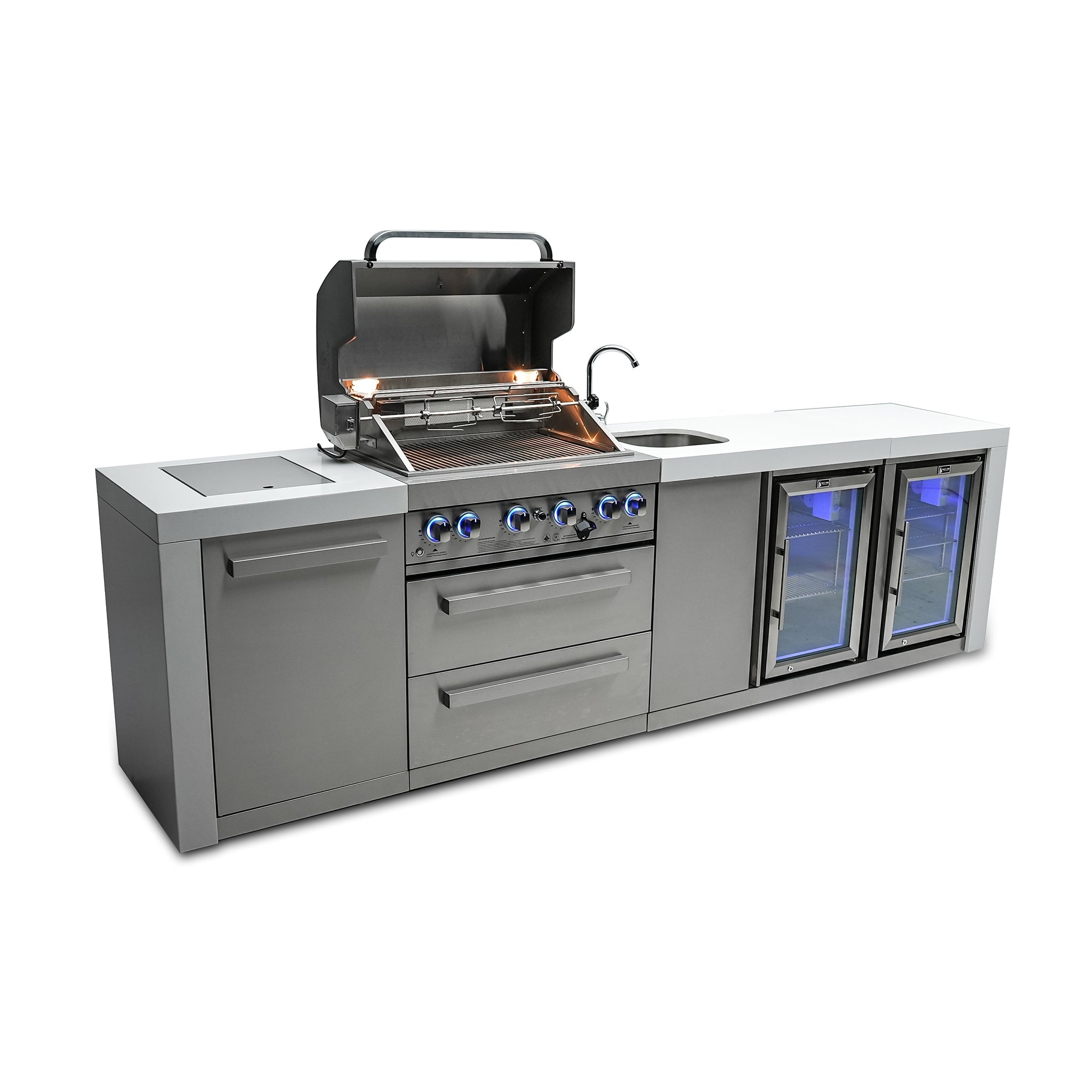 400 Deluxe 10 ft. Stainless Steel 4-Burner Outdoor Kitchen Island with Beverage Center and Fridge Cabinet