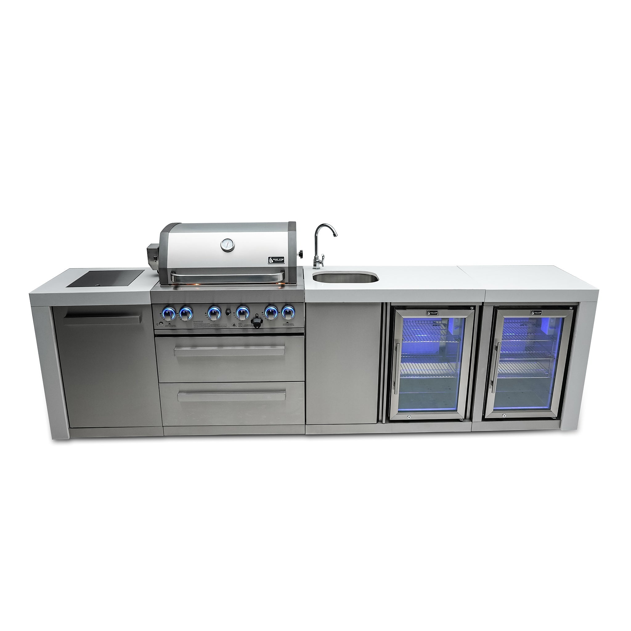 400 Deluxe 10 ft. Stainless Steel 4-Burner Outdoor Kitchen Island with Beverage Center and Fridge Cabinet