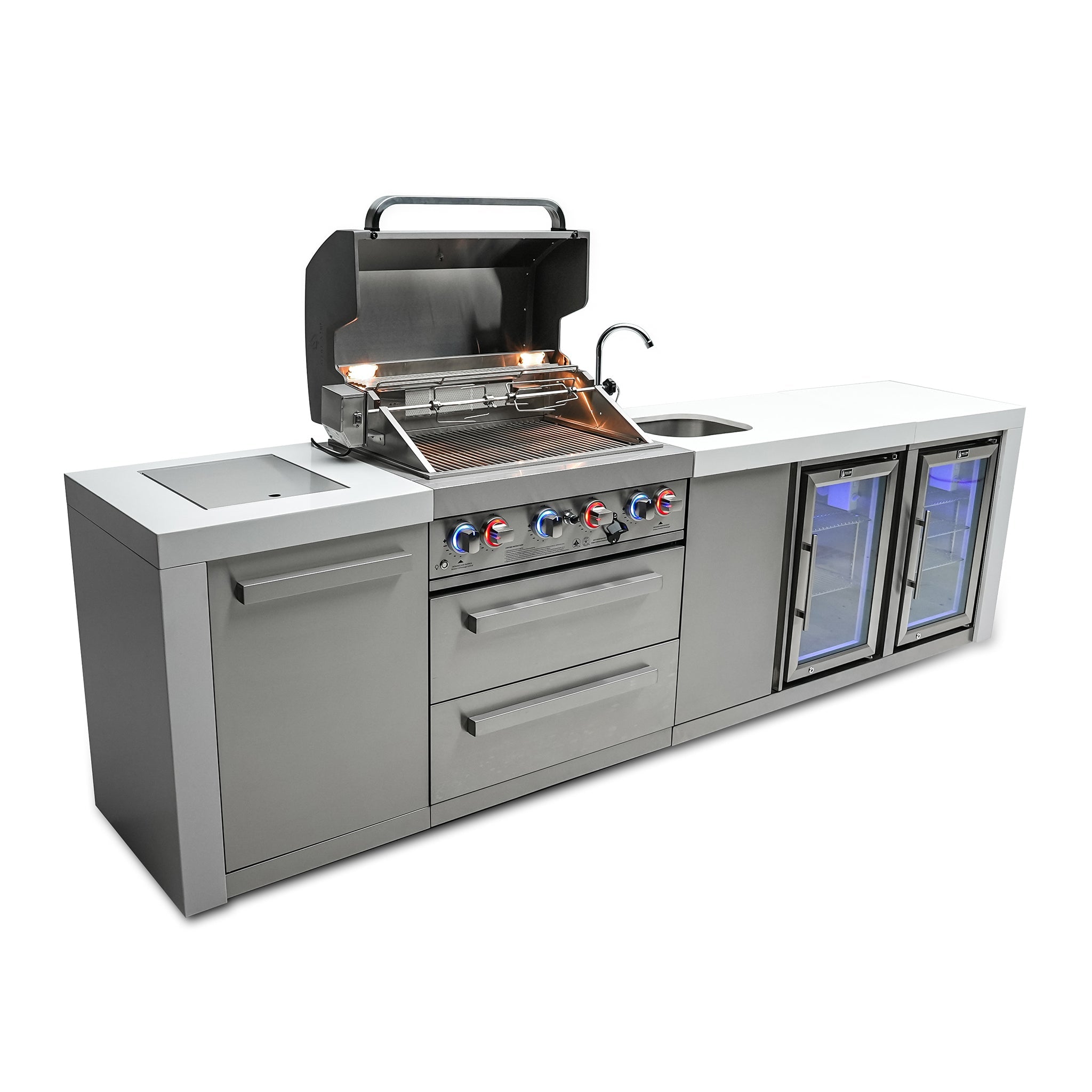 400 Deluxe 10 ft. Stainless Steel 4-Burner Outdoor Kitchen Island with Beverage Center and Fridge Cabinet