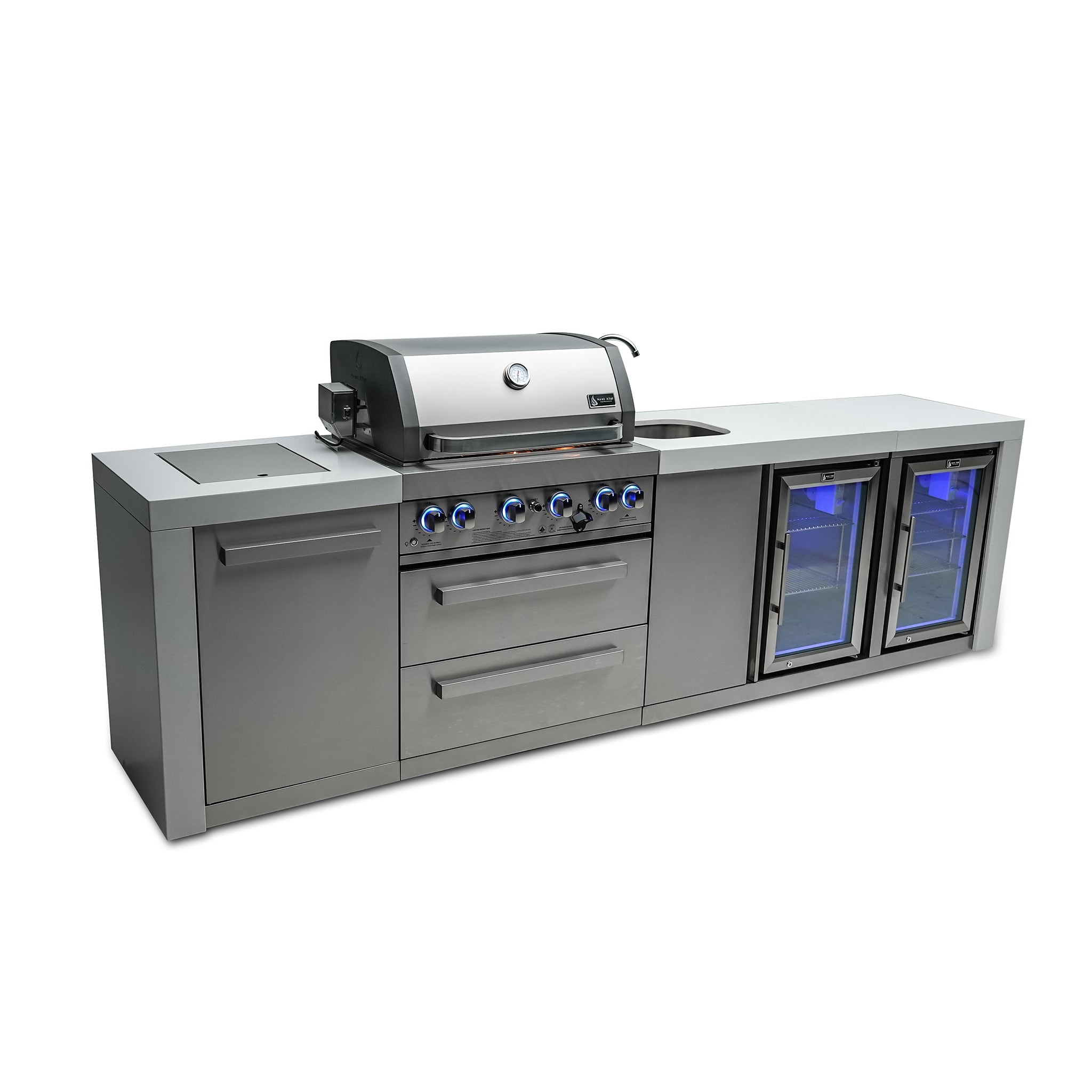 400 Deluxe 10 ft. Stainless Steel 4-Burner Outdoor Kitchen Island with Beverage Center and Fridge Cabinet