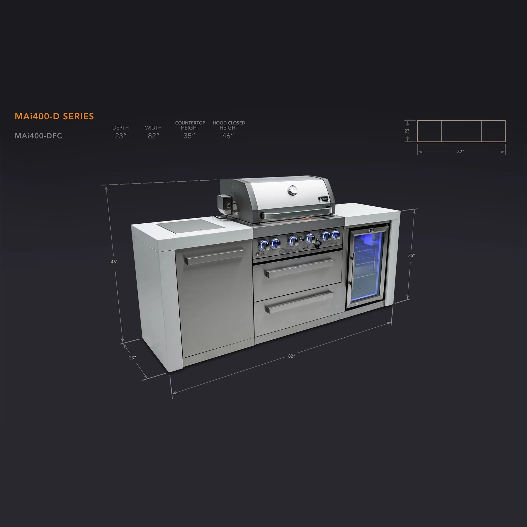 400 Deluxe 7 ft. Stainless Steel 4-Burner Outdoor Kitchen Island with Refrigerator