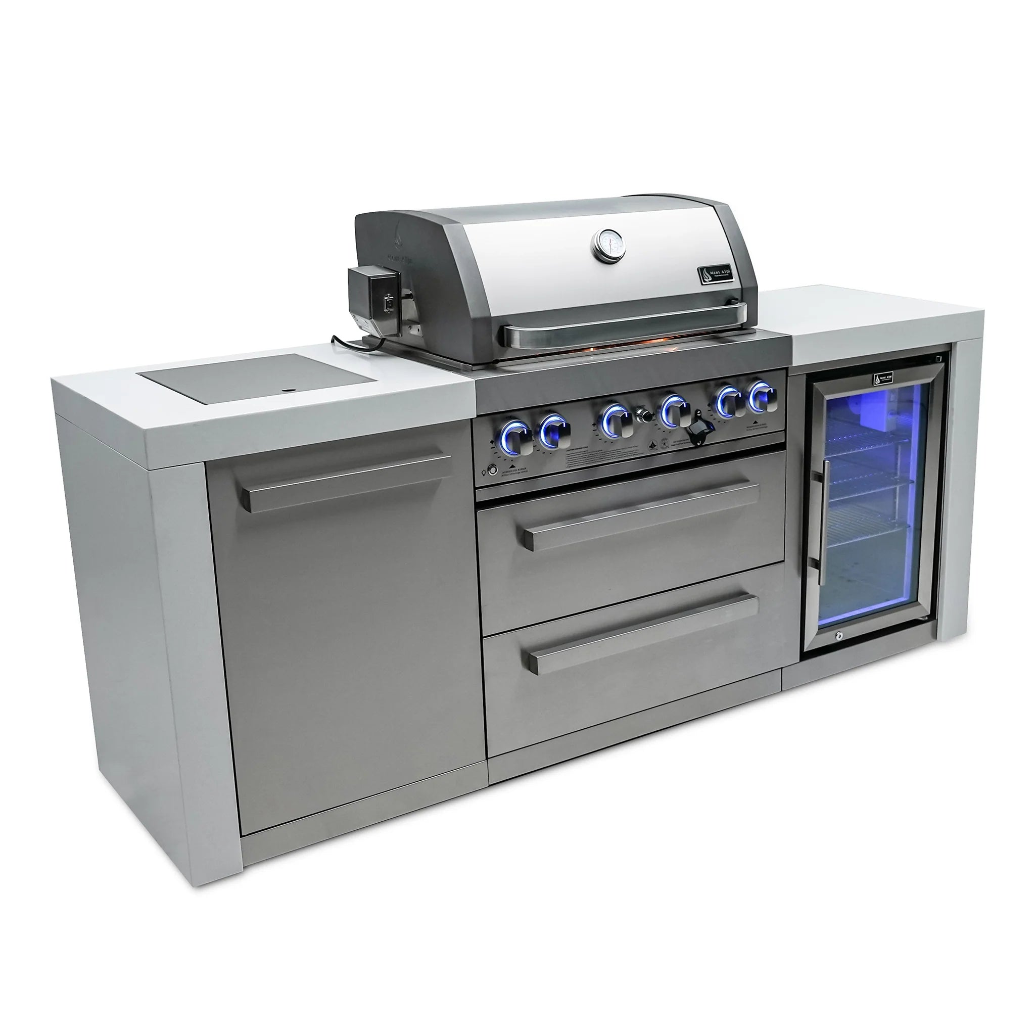 400 Deluxe 7 ft. Stainless Steel 4-Burner Outdoor Kitchen Island with Refrigerator