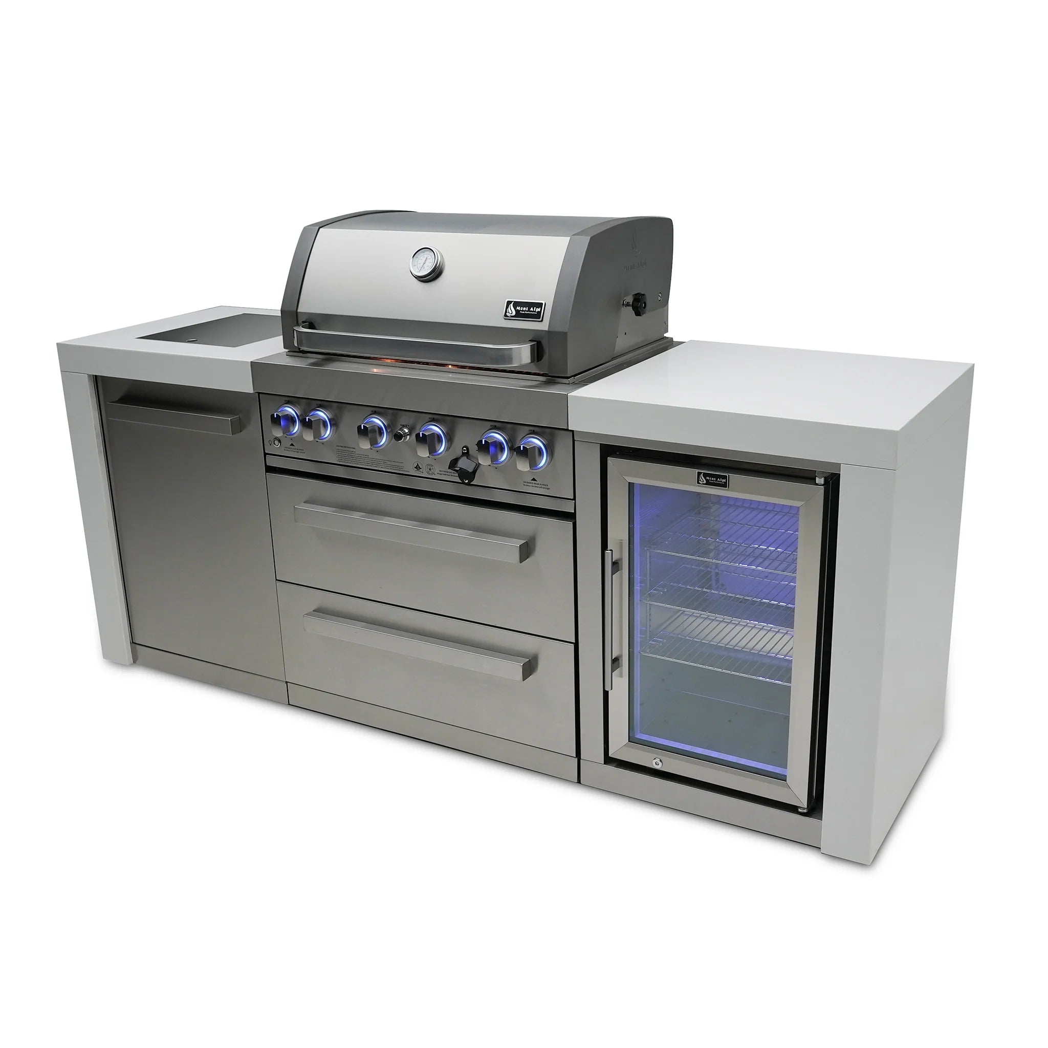 400 Deluxe 7 ft. Stainless Steel 4-Burner Outdoor Kitchen Island with Refrigerator