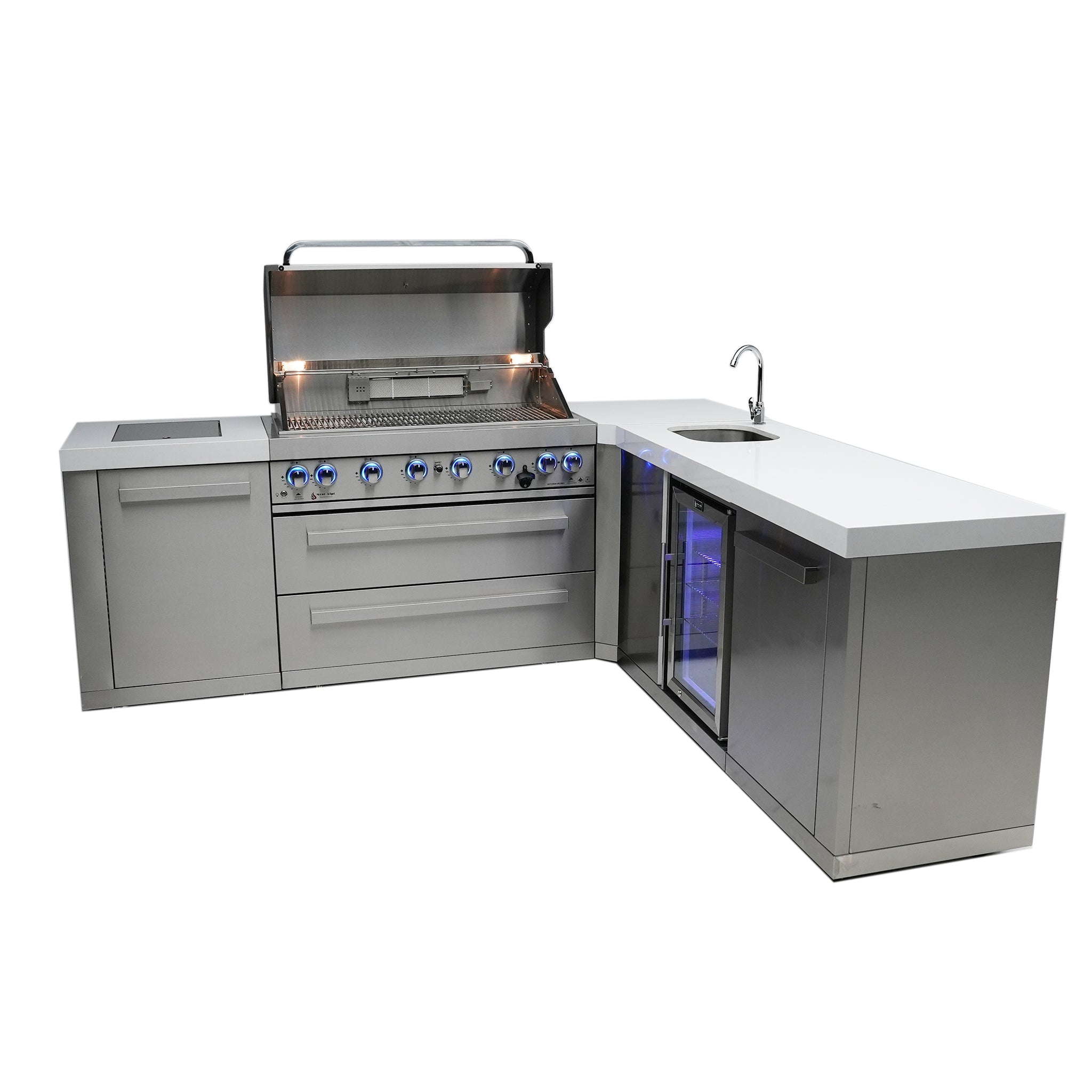 805 Original Stainless Steel 6-Burner Outdoor Kitchen Island with 90 Degree Corner and Beverage Center