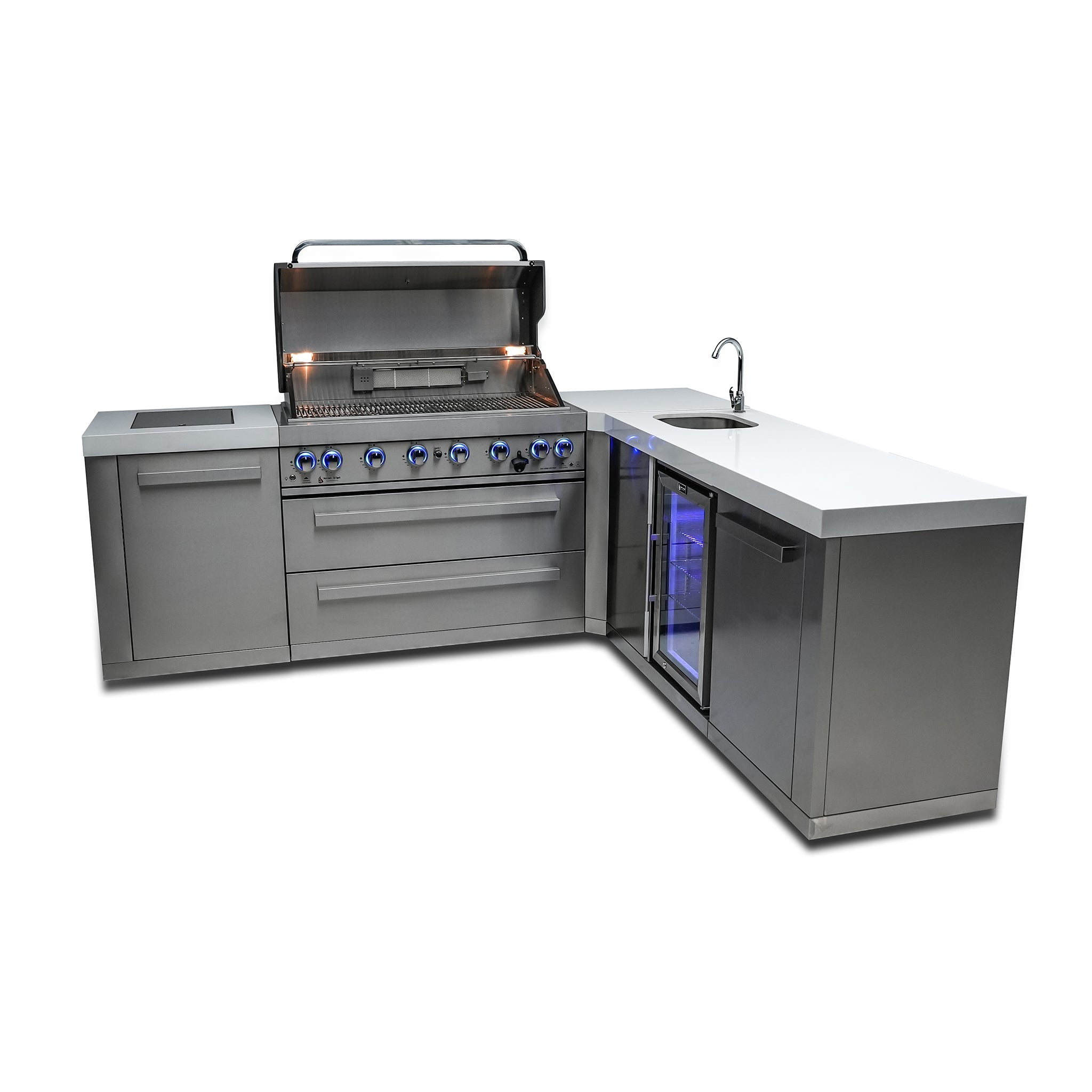 805 Original Stainless Steel 6-Burner Outdoor Kitchen Island with 90 Degree Corner and Beverage Center