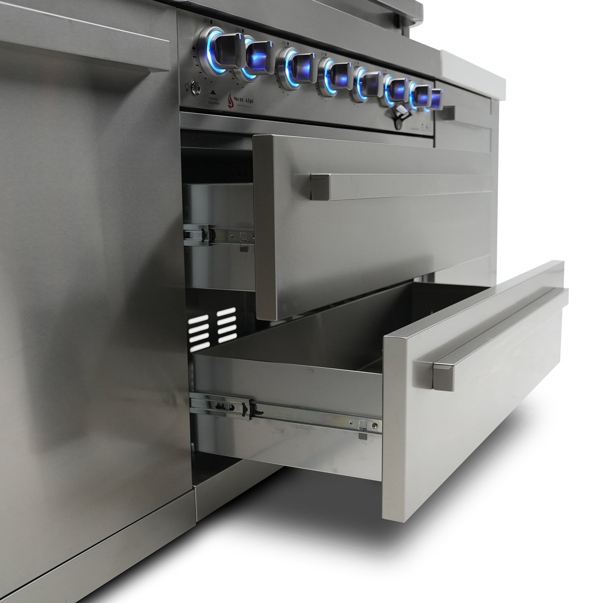 805 Original 8 ft. Stainless Steel 6-Burner Outdoor Kitchen Island with 90-Degree Corner Beverage Center and Fridge Cabinet