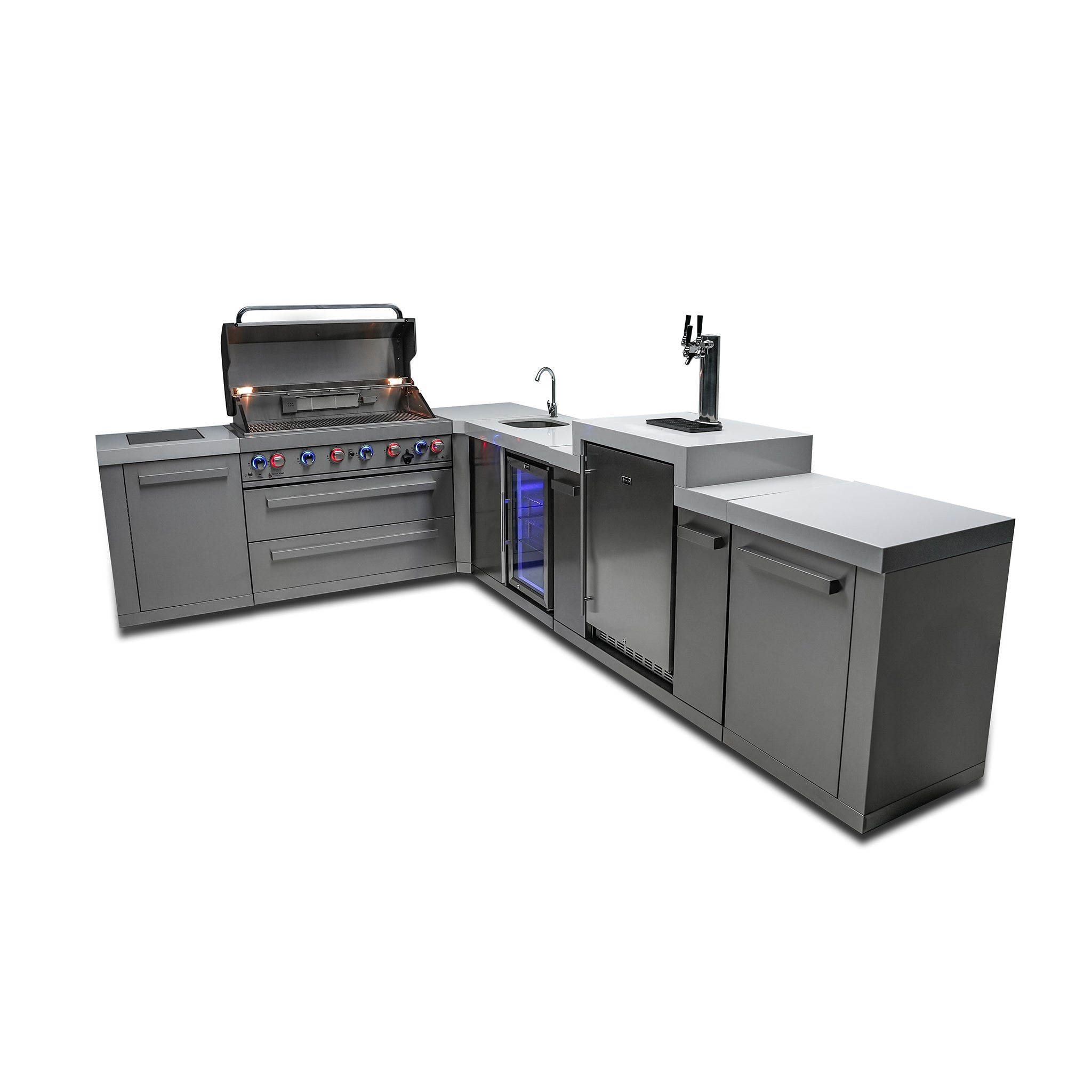 805 Original 8 ft. Stainless Steel 6-Burner Outdoor Kitchen Island with 90-Degree Corner Beverage Center and Fridge Cabinet