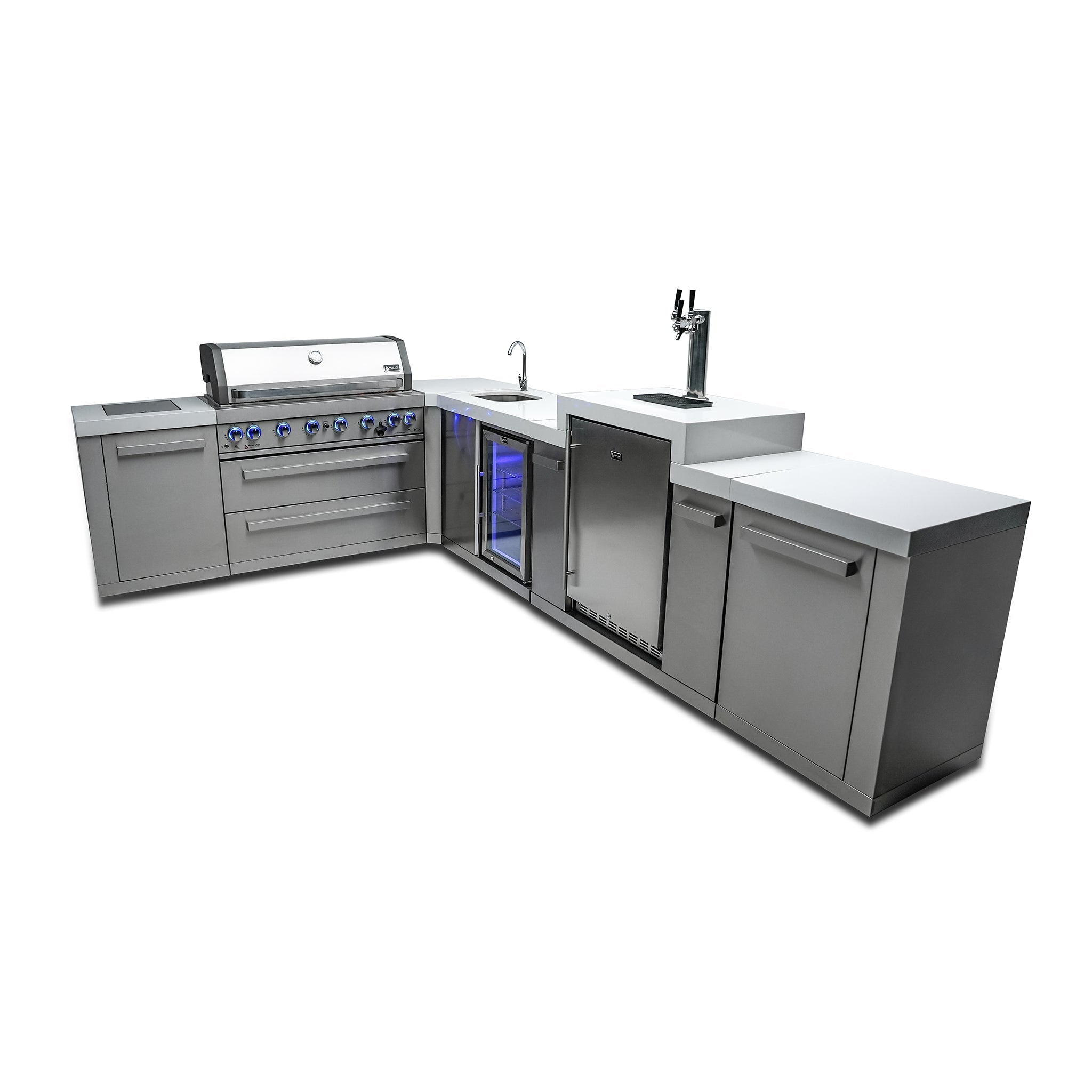 805 Original 8 ft. Stainless Steel 6-Burner Outdoor Kitchen Island with 90-Degree Corner Beverage Center and Fridge Cabinet